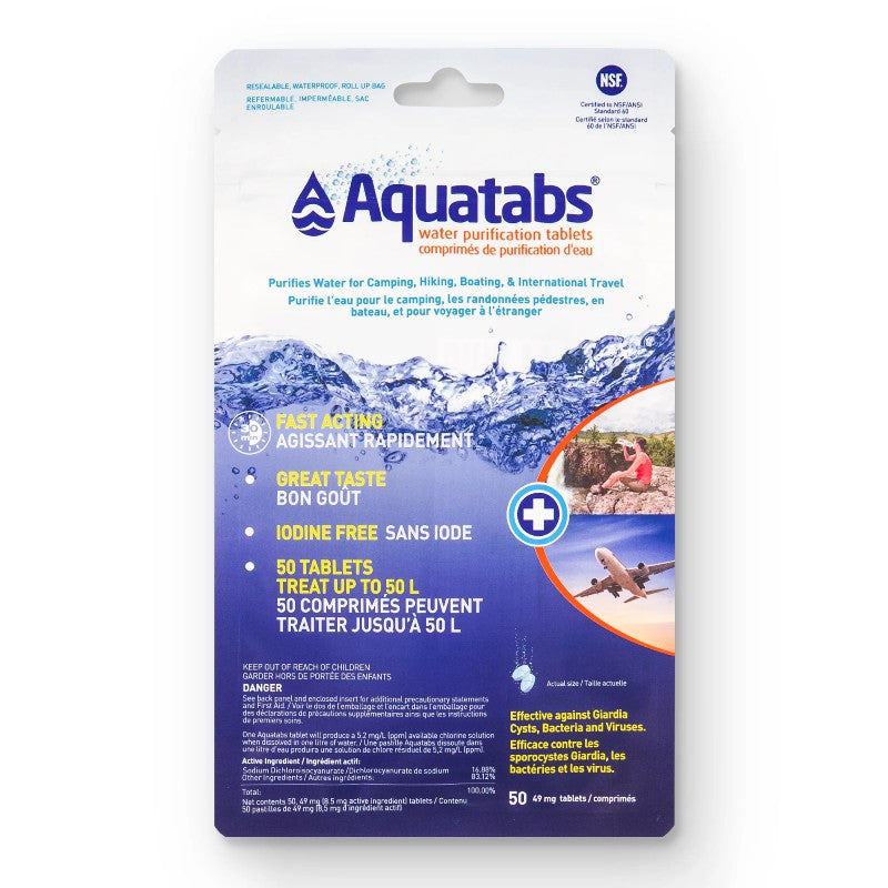 Aquatabs Water Purification Tablets - 50 Tablets for Emergency, Camping & Travel - Safe Drinking Water Solution for Hiking, Backpacking & Disaster Preparedness