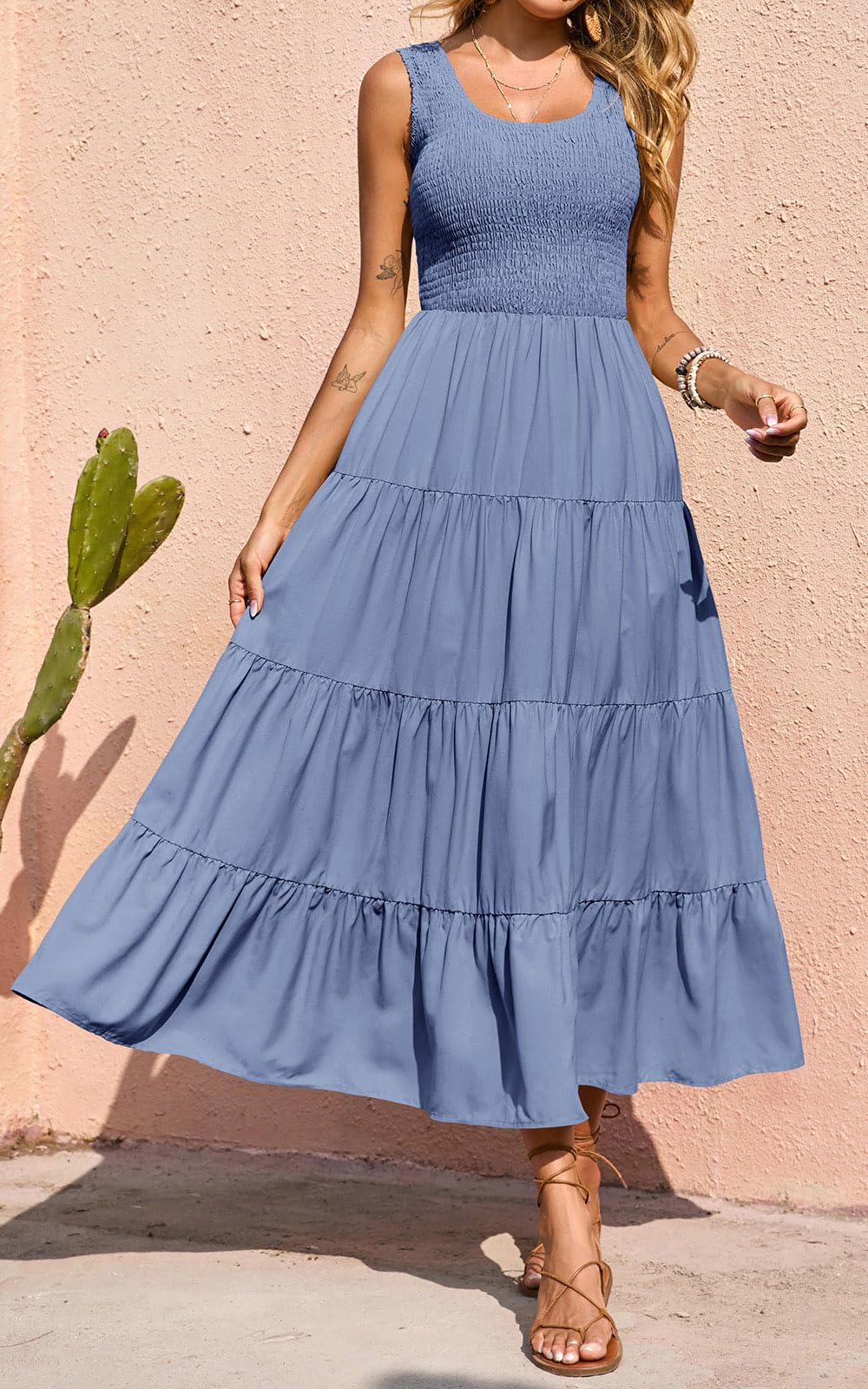 PRETTYGARDEN Women's Casual Loose Plain Maxi Sundress - Smocked Tank Summer Beach Dress with Tiered Design for 2025 | Sleeveless Long Dresses for Vacation, Pool Party, and Outdoor Activities