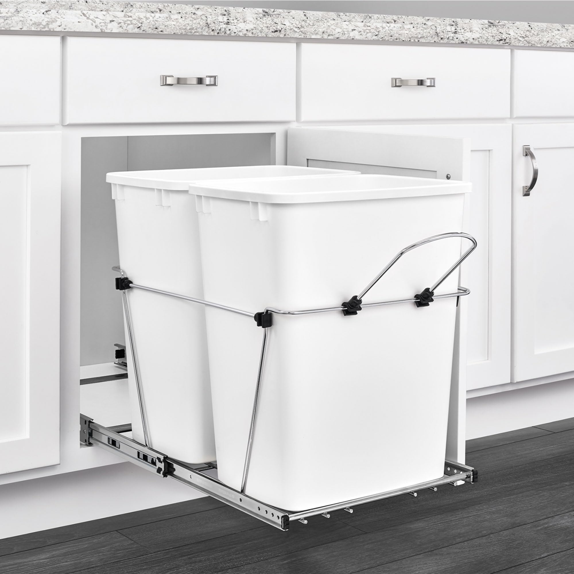 Rev-A-Shelf 35 Qt White Double Pull-Out Trash Can & Recycling Bin for Kitchen Cabinets - Full Extension Slides, RV-18KD-11C - Perfect for Waste Management in Small Spaces & Under Sink Organization