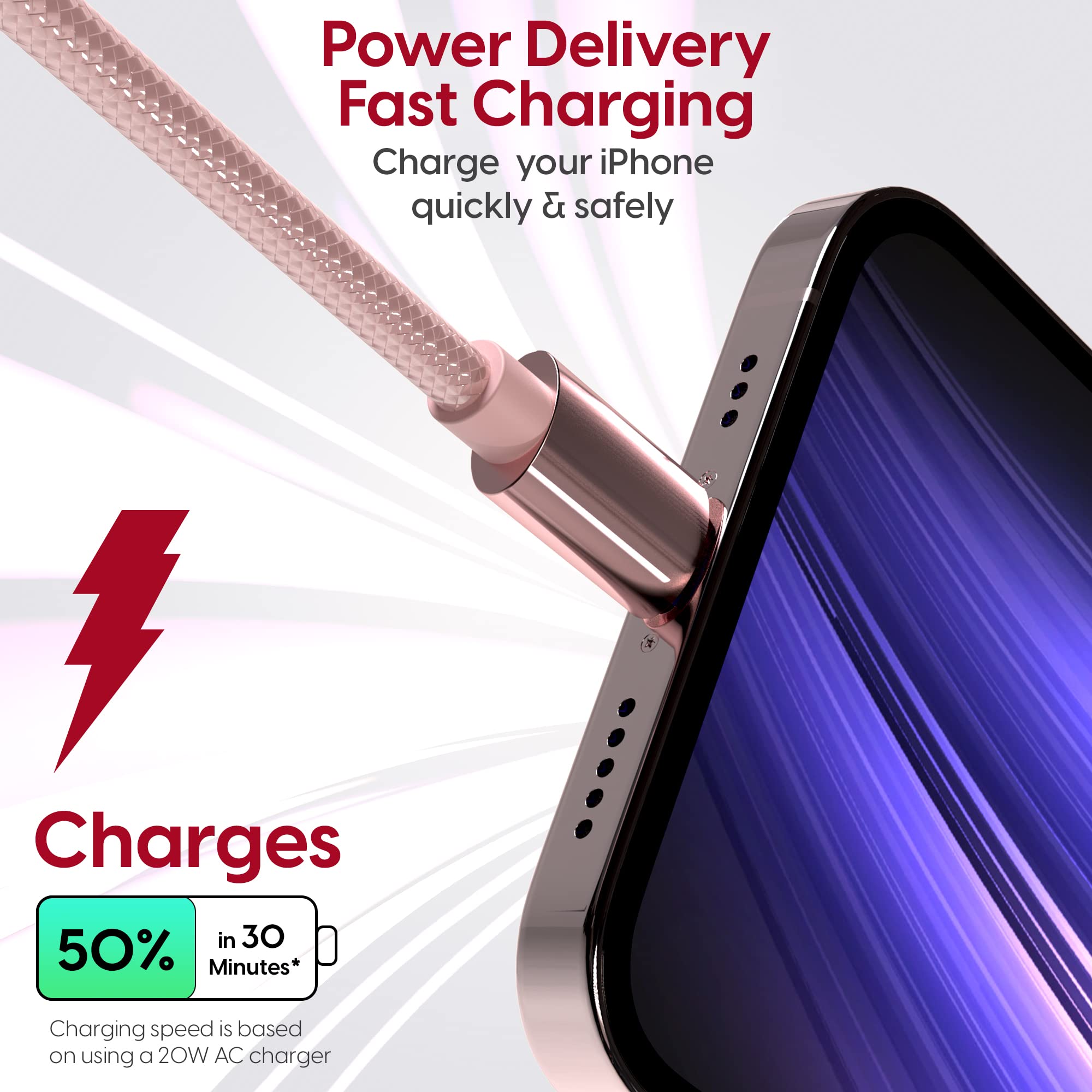 **MFI Certified USB C to Lightning Cable 10ft - Fast Charging Braided Cord Compatible with iPhone 14/13/12 Series (Rose Gold) | Durable Charger for Home, Office & Travel**