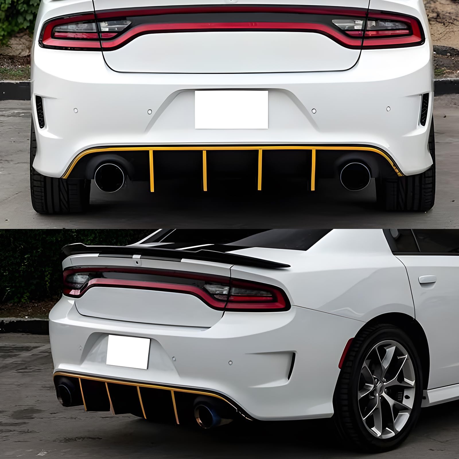 IKON MOTORSPORTS Bumper Lip Spoiler for 2015-2023 Dodge Charger SRT | Factory Style Rear Diffuser with Yellow Reflective Tape | Enhances Aerodynamics & Style for Street Racing & Car Shows