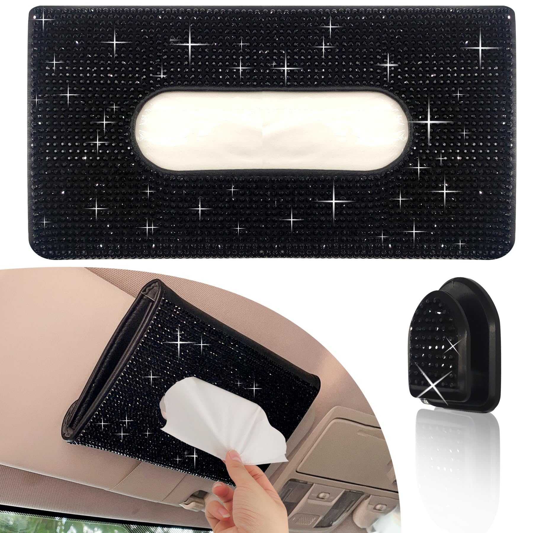 Sparkly Crystal PU Leather Car Sun Visor Tissue Box Holder - Bling Car Accessories for Women | Hanging Napkin Case for Tesla, BMW, Mercedes | Perfect for Road Trips & Daily Commute (Black)