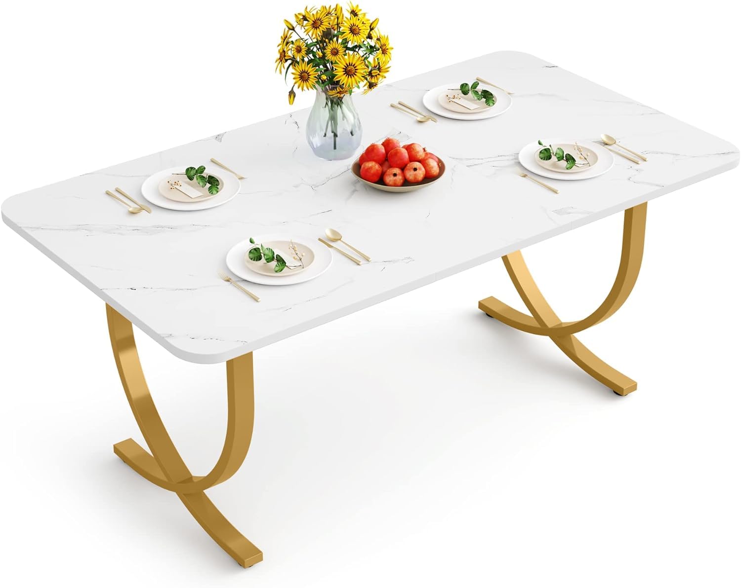 Tribesigns 63-Inch White and Gold Modern Rectangular Dining Table for 4-6 People - Faux Marble Table Top with Sturdy Metal Legs - Perfect for Dining Room, Kitchen or Living Room - Ideal for Family Meals, Entertaining Guests & Home Office Workspace