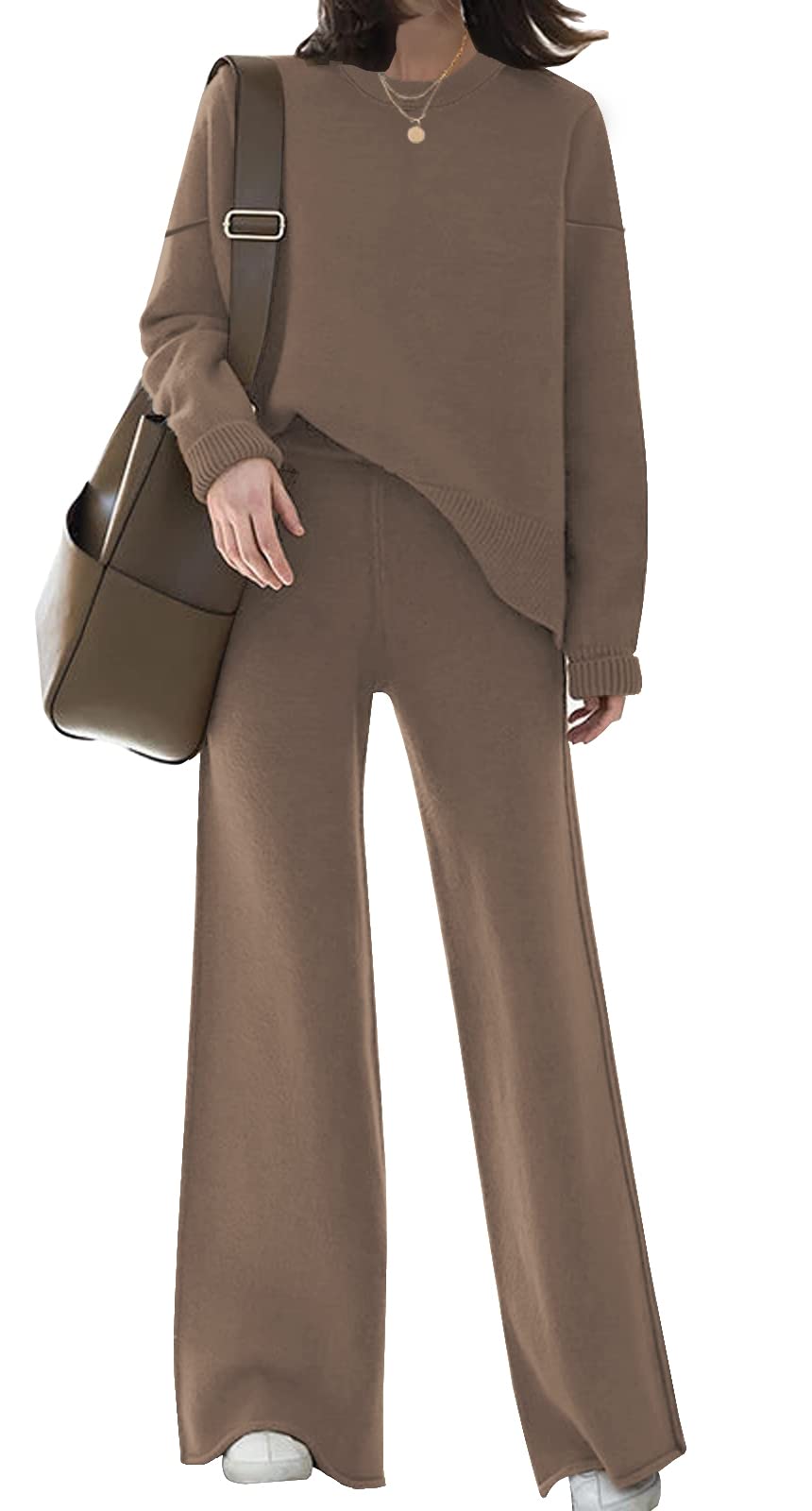 ETCYY Women's Elegant Knit Lounge Set - 2 Piece Sweatsuit with Cozy Sweater Top & Wide Leg Sweatpants | Perfect for Home Relaxation, Yoga & Casual Outings