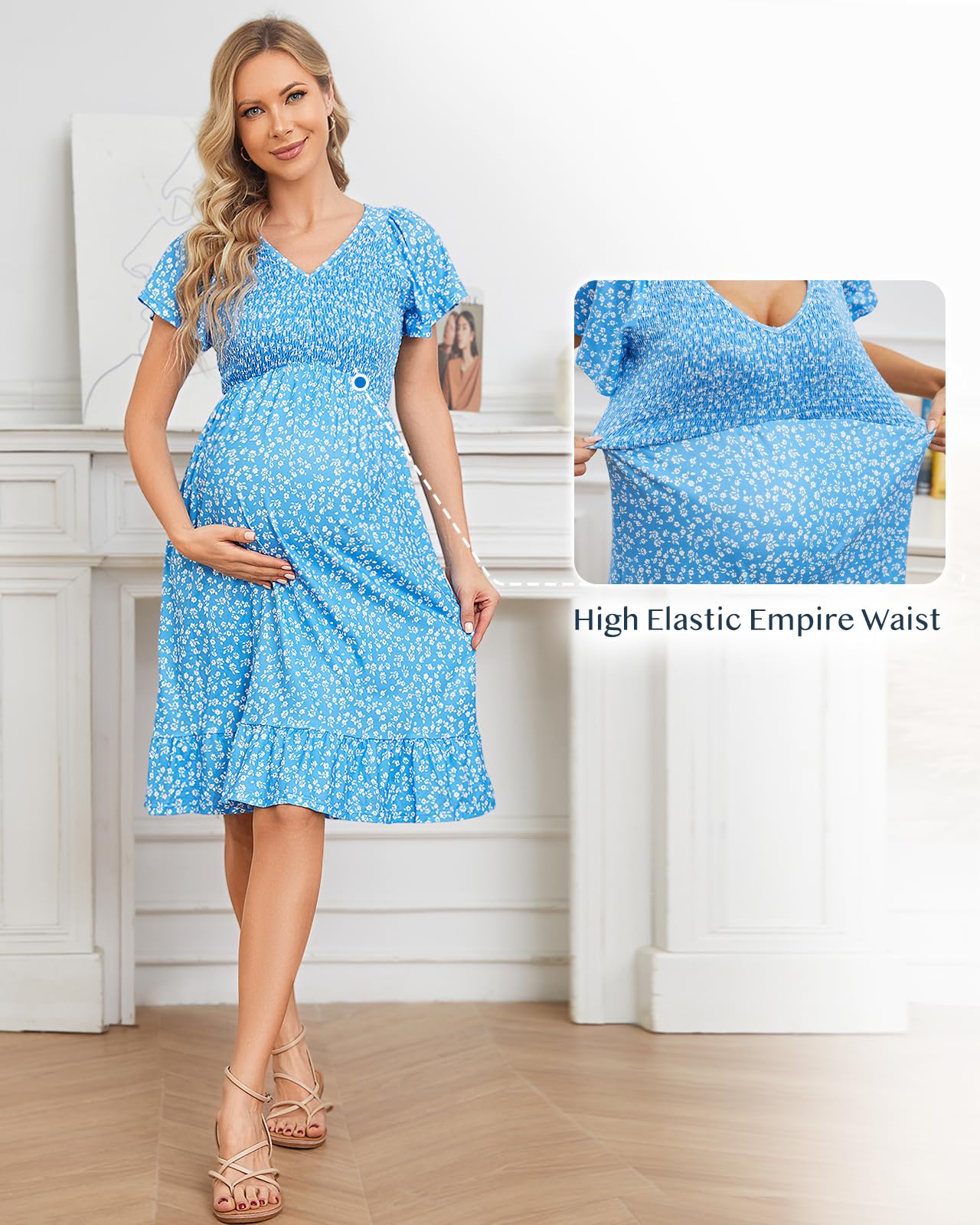 Domee Women's Floral Print Maternity Dress - V-Neck A-Line Midi Dress with Ruffles & Short Sleeves for Baby Shower, Photoshoot, Summer & Boho Style Outfits