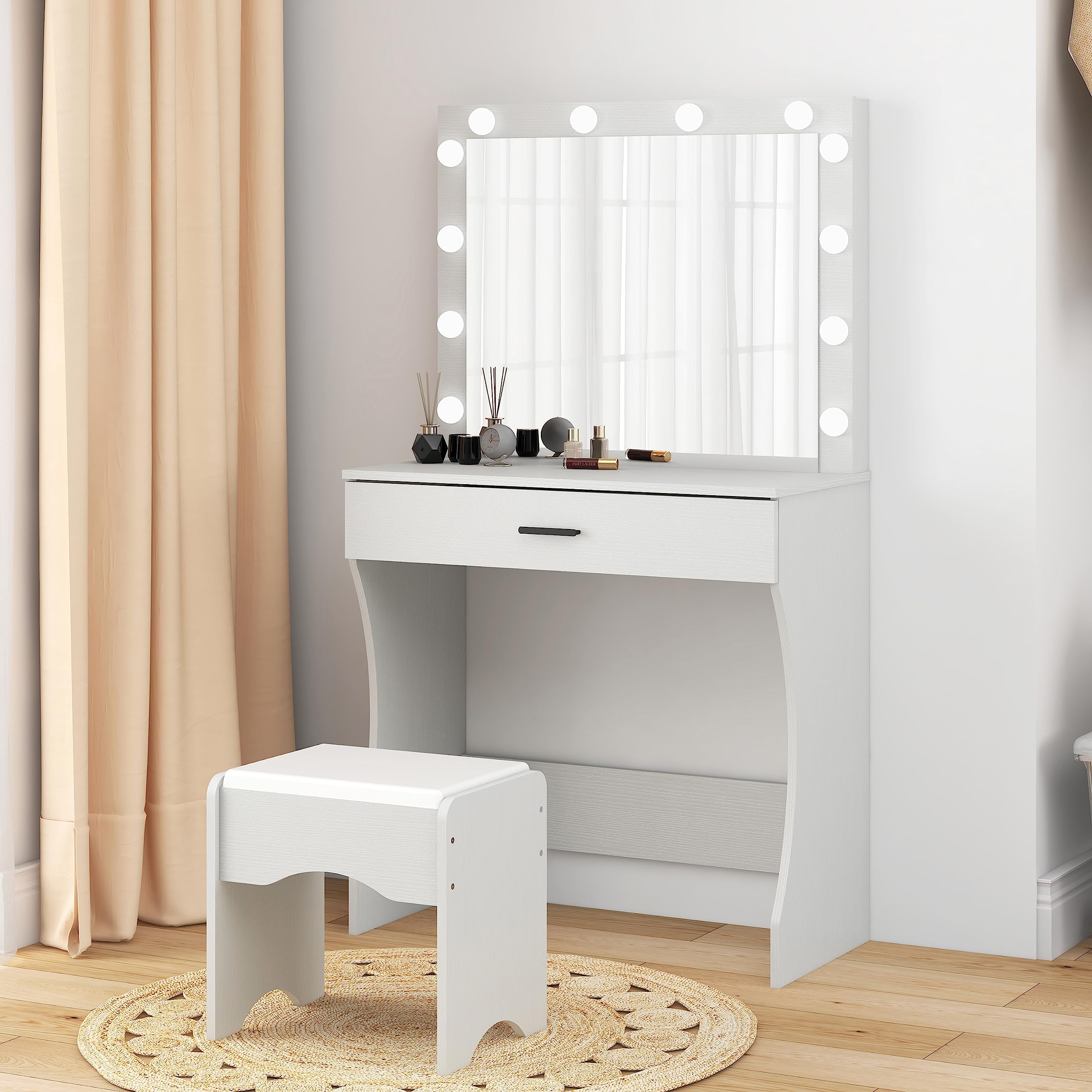 Vanity Desk with Mirror & Adjustable LED Lights, White Makeup Table with Storage Drawer & Stool - Dressing Table for Bedroom, Perfect for Applying Makeup & Skincare Routine