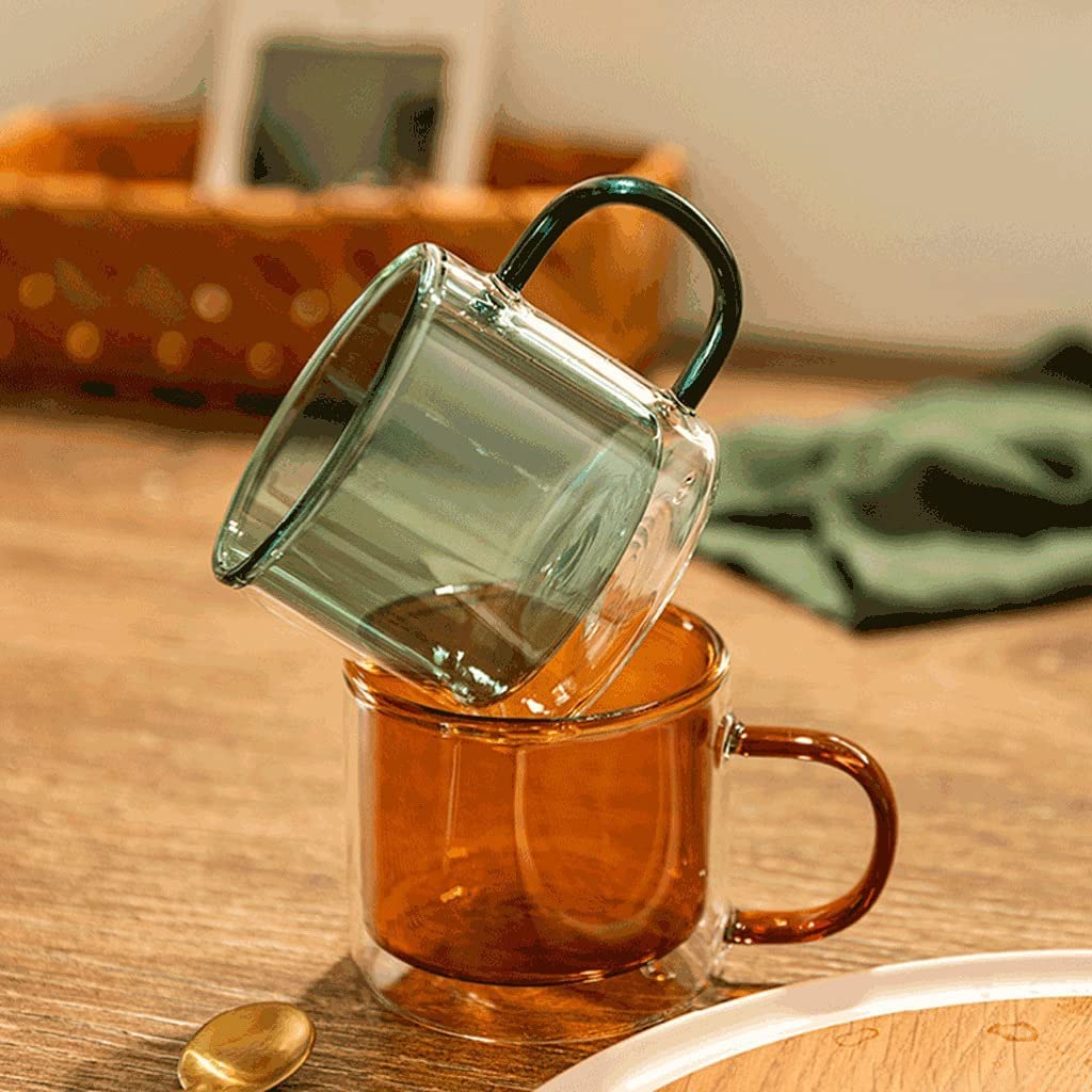 Double Walled Insulated Glass Coffee Mug with Handle - 12oz Green Tea Cup for Hot & Cold Drinks - Perfect for Home, Office, Camping & Gifts