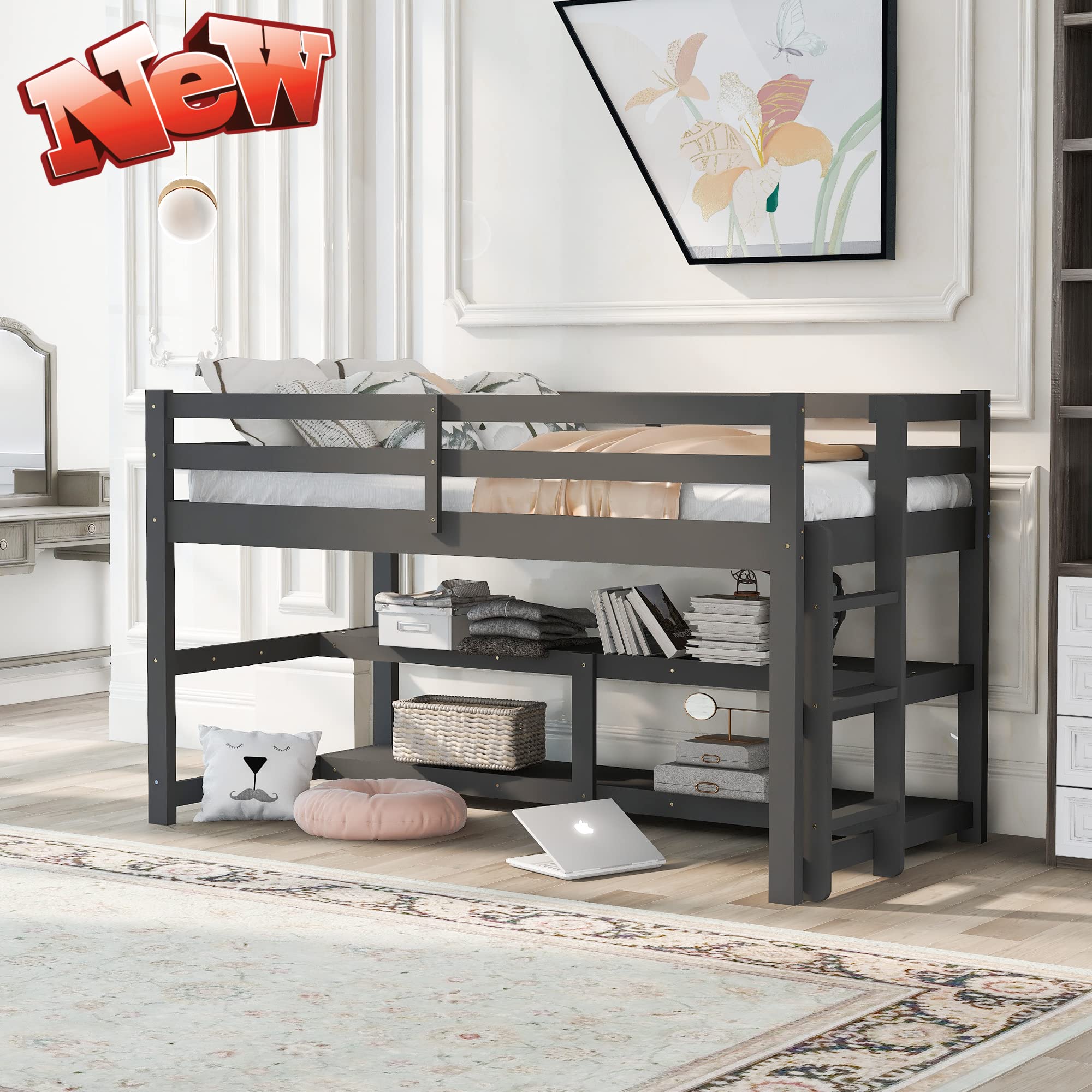TYNAWYNW Modern Twin Size Loft Bed Frame with Storage Shelves & Safety Guardrails - Low Profile Wooden Loft Bed for Kids, Teens, Boys & Girls - No Box Spring Needed (Gray) - Perfect for Small Bedrooms, Dorm Rooms & Space-Saving Kids' Rooms