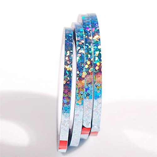 5 Rolls Glitter Nail Art Striping Tape - 3mm Wide Self-Adhesive DIY Nail Decoration Tape with Dispenser for Salon, Home Manicure & Nail Design - Perfect for French Tips, Geometric Patterns & Nail Art Creations