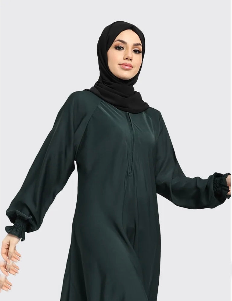 Front Zip Nida Umbrella Abaya Dress - Bottle Green Islamic Modest Prayer Dress for Women - Perfect for Mosque, Eid, and Special Occasions