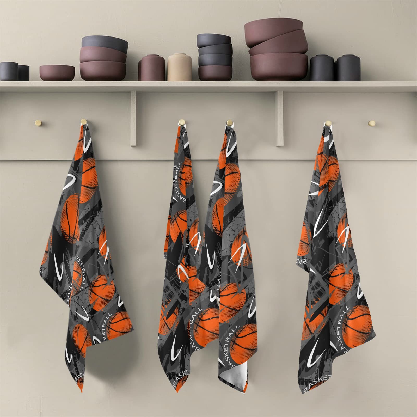 Abstract Grunge Basketball Urban Style Kitchen Dish Towel - Set of 1 Polyester Hemmed Napkin, Terry Towel & Dishcloth - Hand & Bar Tea Towel with Hanging Loop - Perfect for Kitchen, Dining & Home Decor