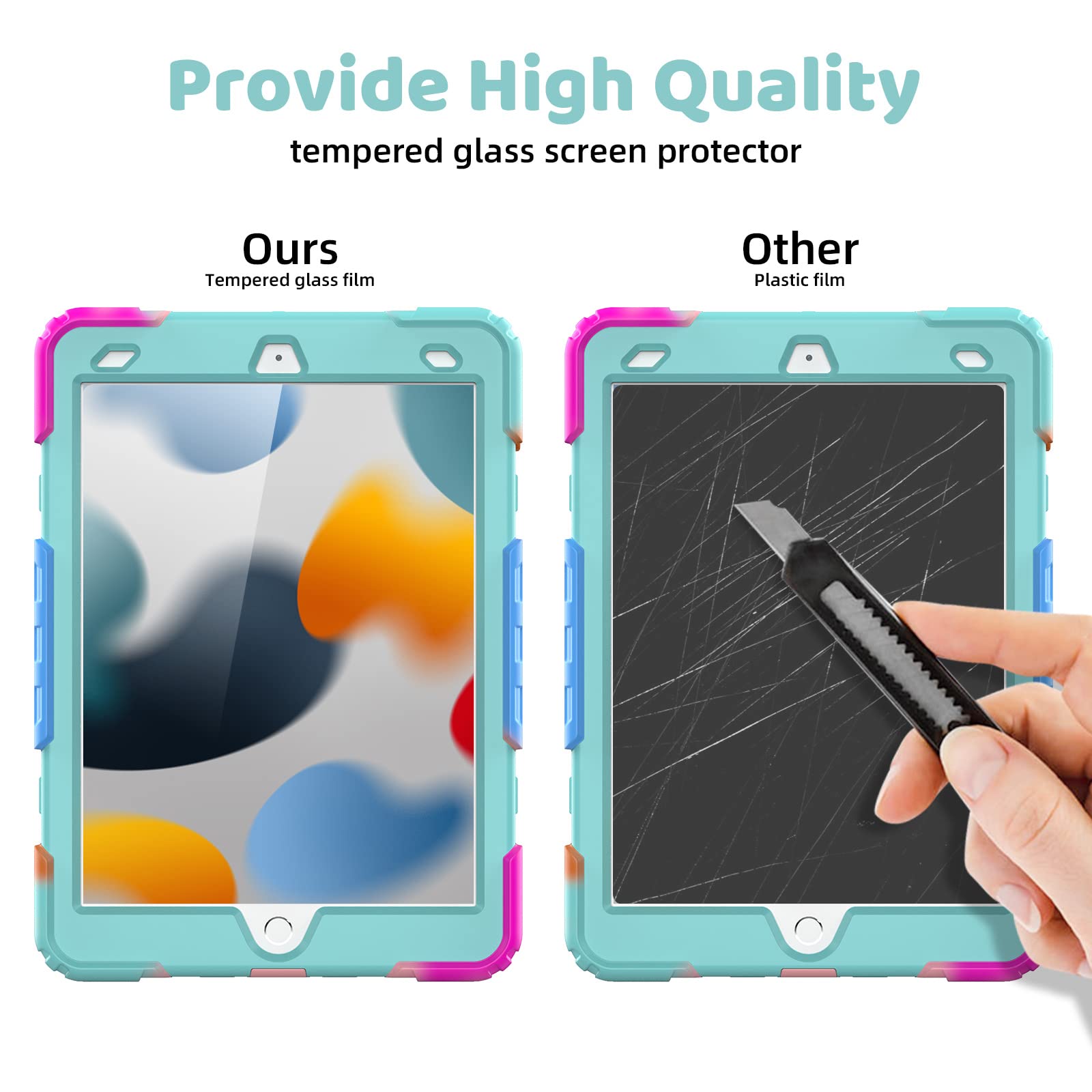 BLOSOMEET iPad Case for 9th/10th Generation 10.2 inch (2021/2020/2019 Models) - Shockproof Kids Protective Cover with Built-in Stand, Pen Holder & Adjustable Shoulder Strap | Includes Tempered Glass Screen Protector | Turquoise Blue | Perfect for School, Travel & Home Use