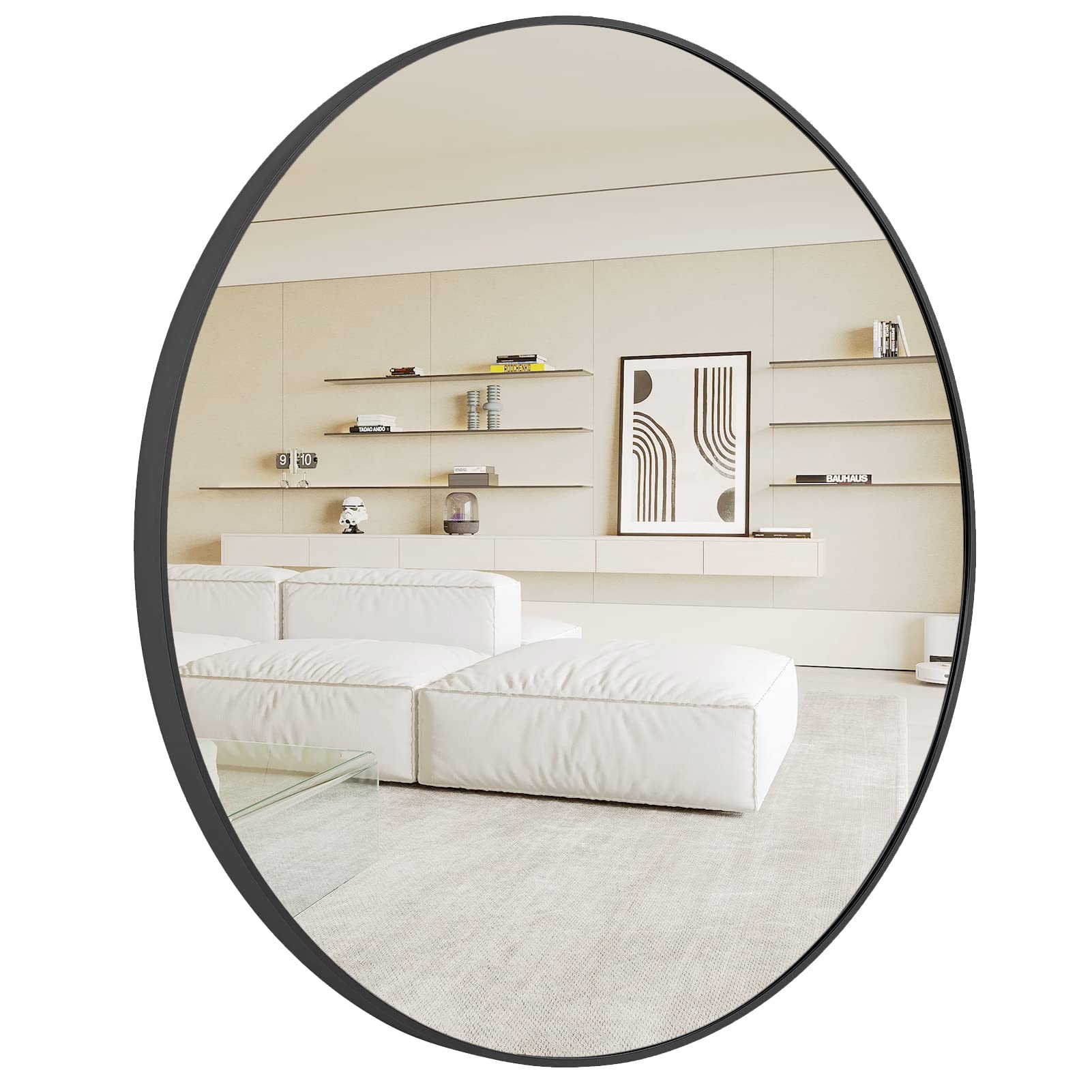 42'' Round Black Metal Frame Wall Mirror - Bathroom, Entryway, Living Room & Bedroom Decor - Elegant & Durable Home Accent Mirror for Vanity, Hallway & Interior Design