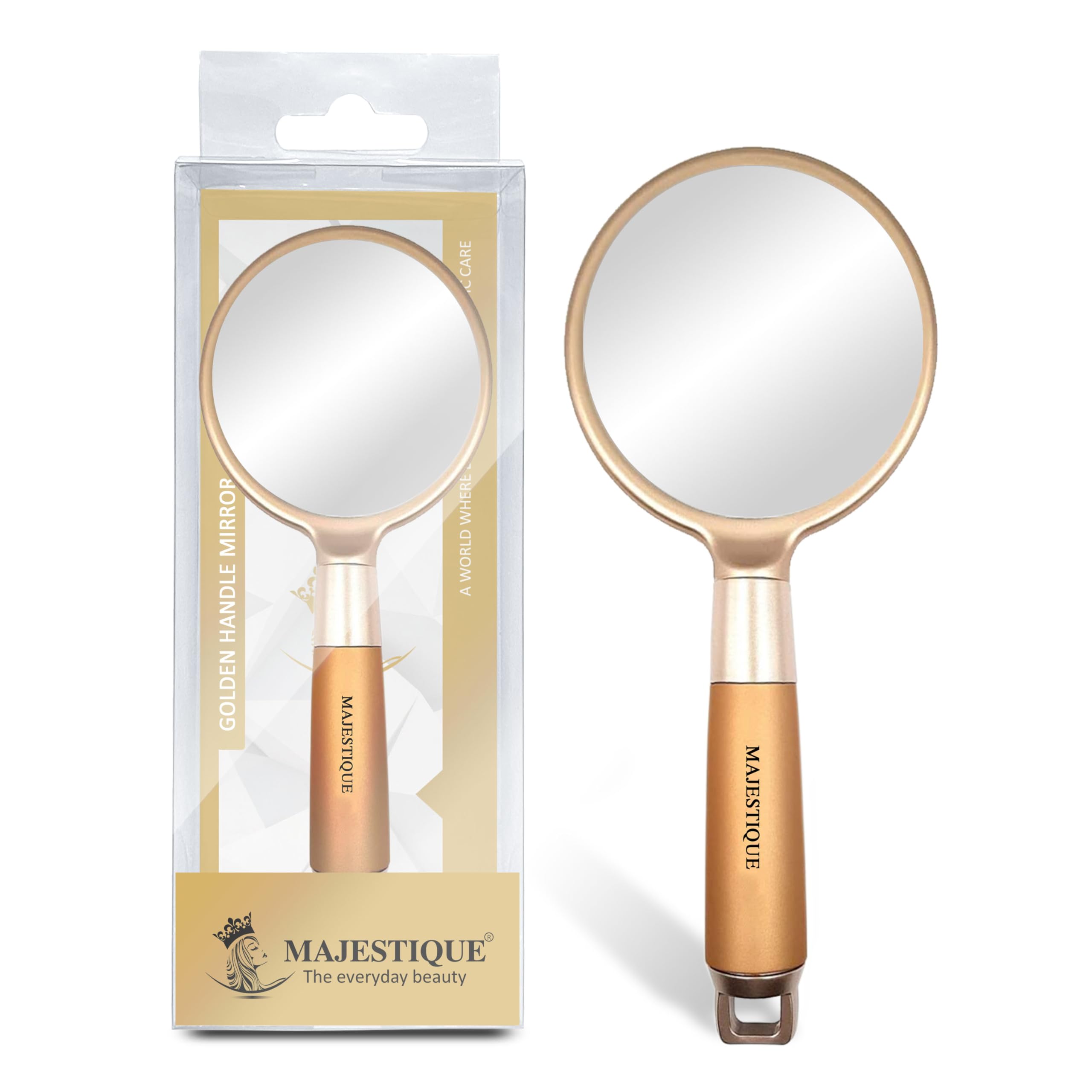 MAJESTIQUE 8 Inch Gold Handle Mirror for Makeup - Portable Travel, Bathroom, Desk & Grooming Mirror for Women & Men - Perfect for Makeup Application, Shaving & Beauty Routine (Golden)