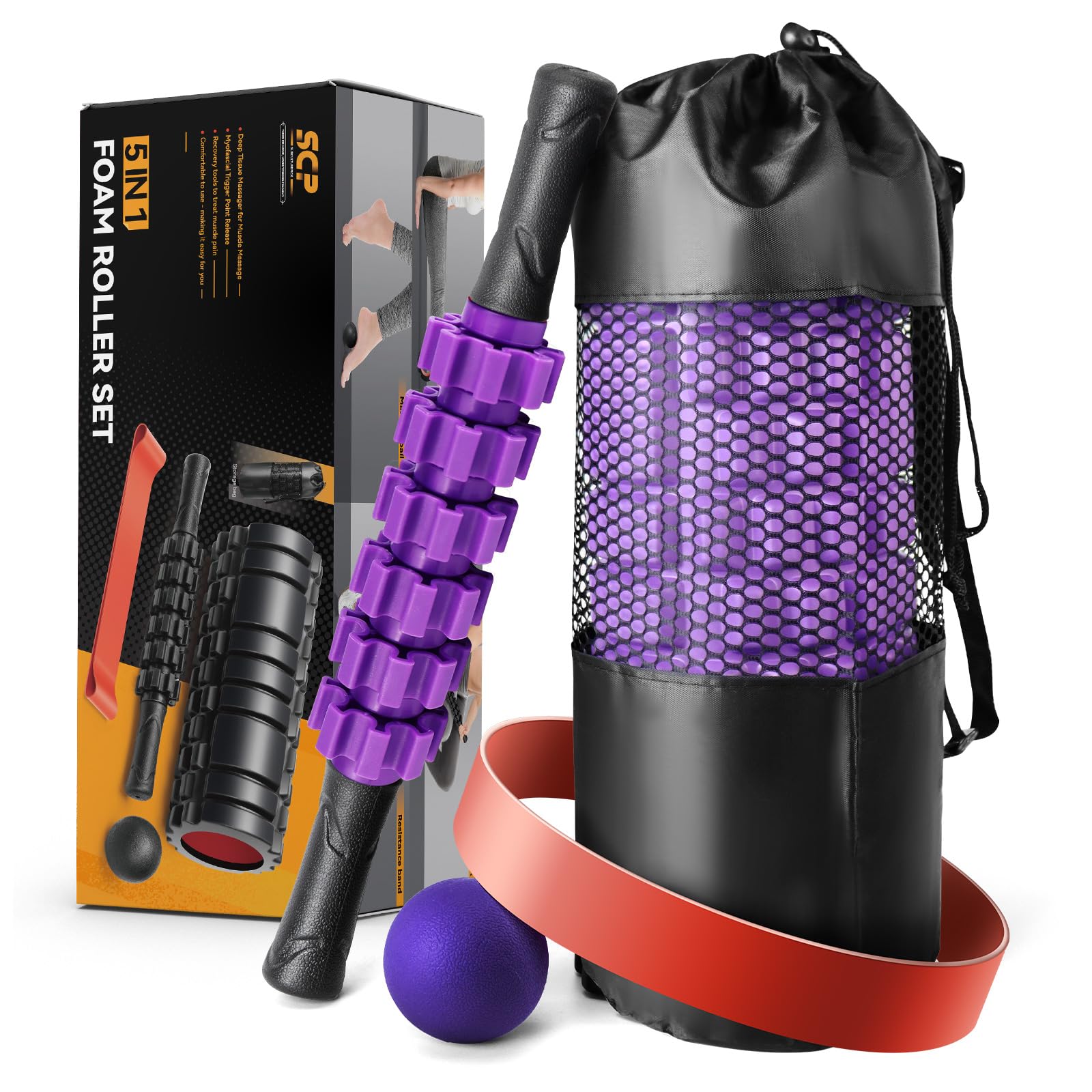 5-in-1 Foam Roller Set for Deep Tissue Massage & Muscle Recovery - Trigger Point Therapy, Exercise Foam Roller, Massage Ball & Stretching Strap - Full Body Workout & Pain Relief (Purple) - Perfect for Gym, Yoga, Physical Therapy & Home Fitness