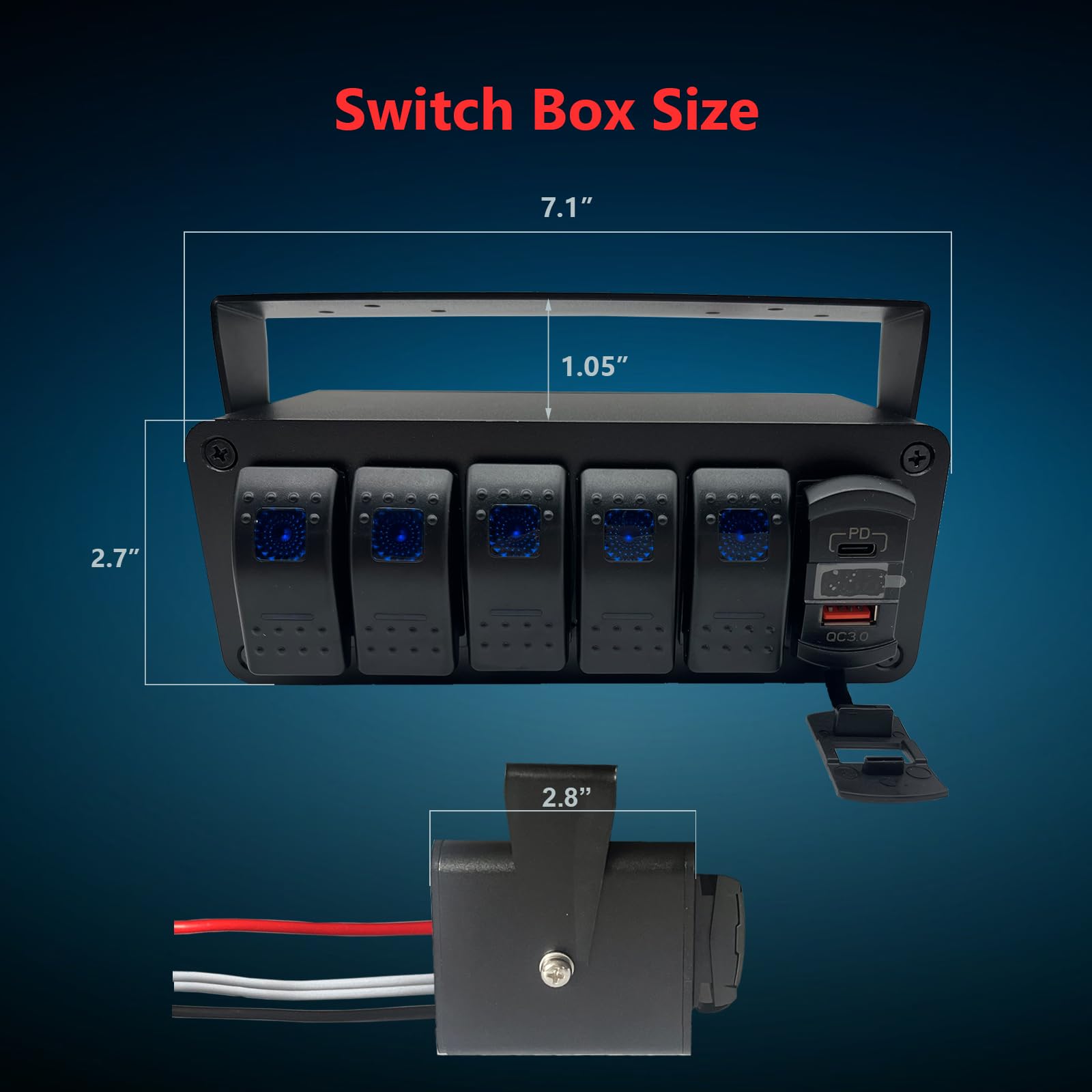 5 Gang Marine Boat Rocker Switch Panel - 12V SPST Aluminum Waterproof Switch Box with PD Type C & QC 3.0 USB Charger, Voltmeter & DIY Stickers - Perfect for RVs, Boats, Trucks & Marine Electrical Systems