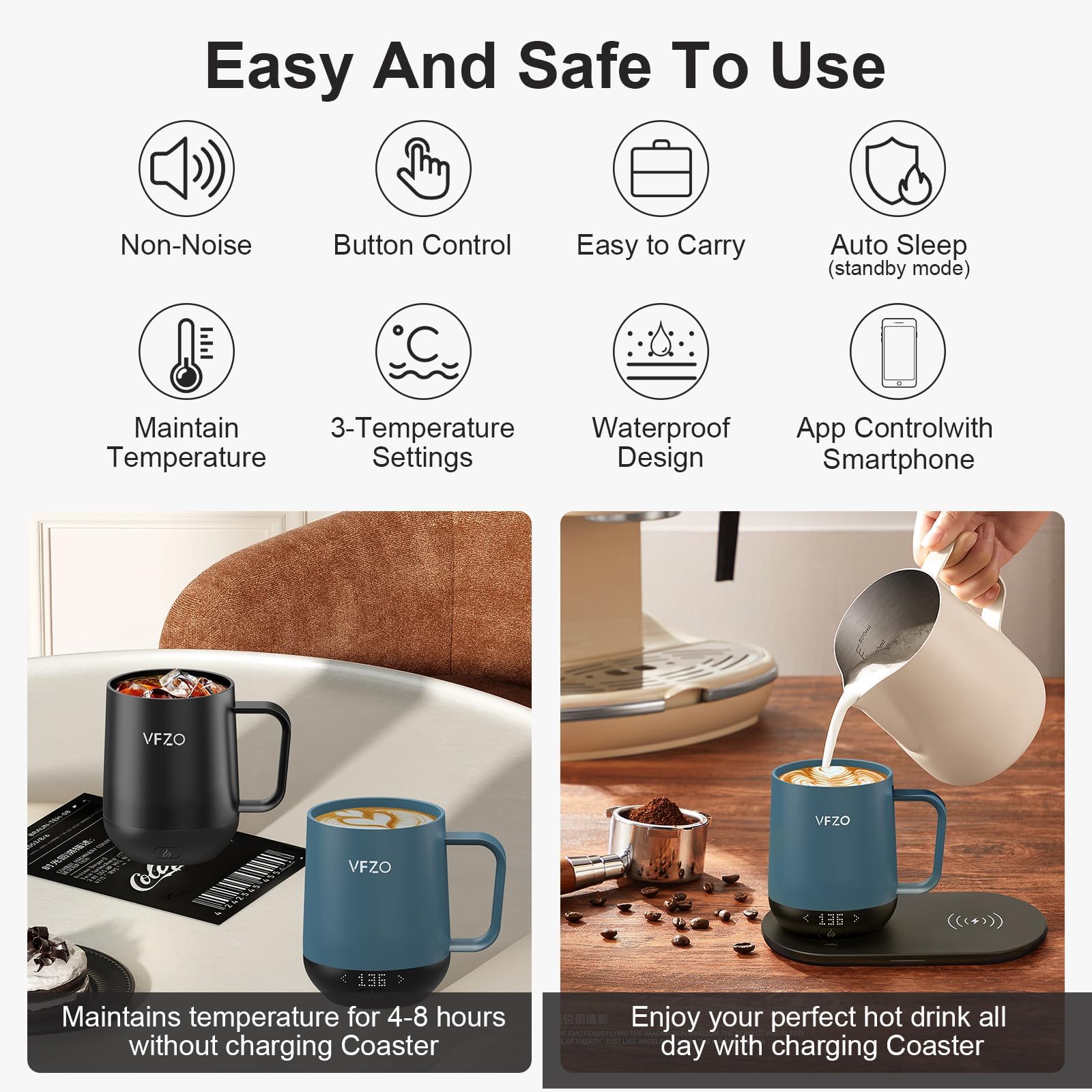 Smart Self-Heating Coffee Mug with Temperature Control & LED Display - 12oz Slate Blue, 180 Min Battery Life, Fast Wireless Charging Base (Keeps Coffee Hot up to 149℉) - Perfect for Office, Travel & Home Use
