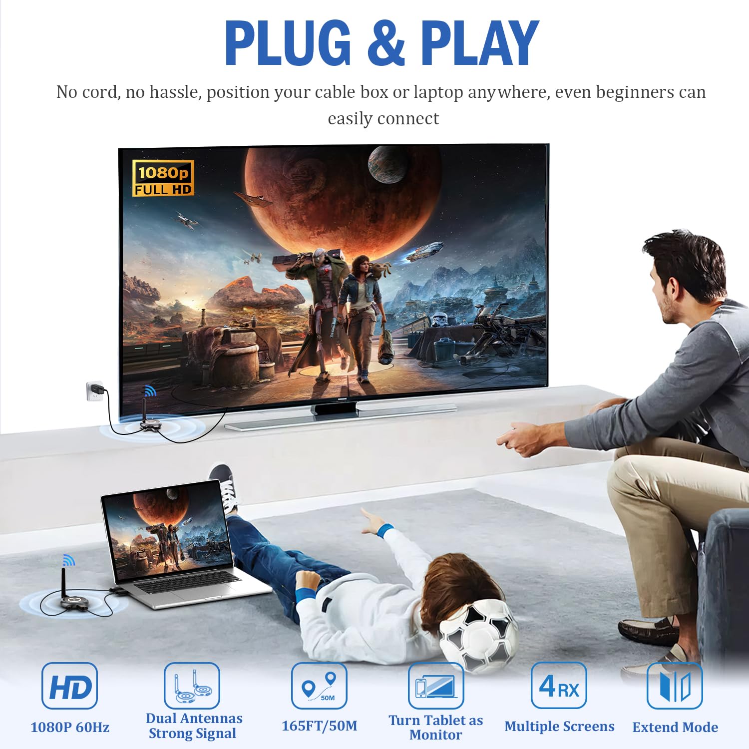AIMIBO Wireless HDMI Extender 1X4 with Multiple Receivers - 5G HDMI Wireless Transmitter & Receiver for 1080P@60Hz Streaming - Use Phone as Monitor via App - Works with Laptop, TV Box, DSLR to TV (165FT/50M Range) - Perfect for Home Theater, Gaming, and Presentations