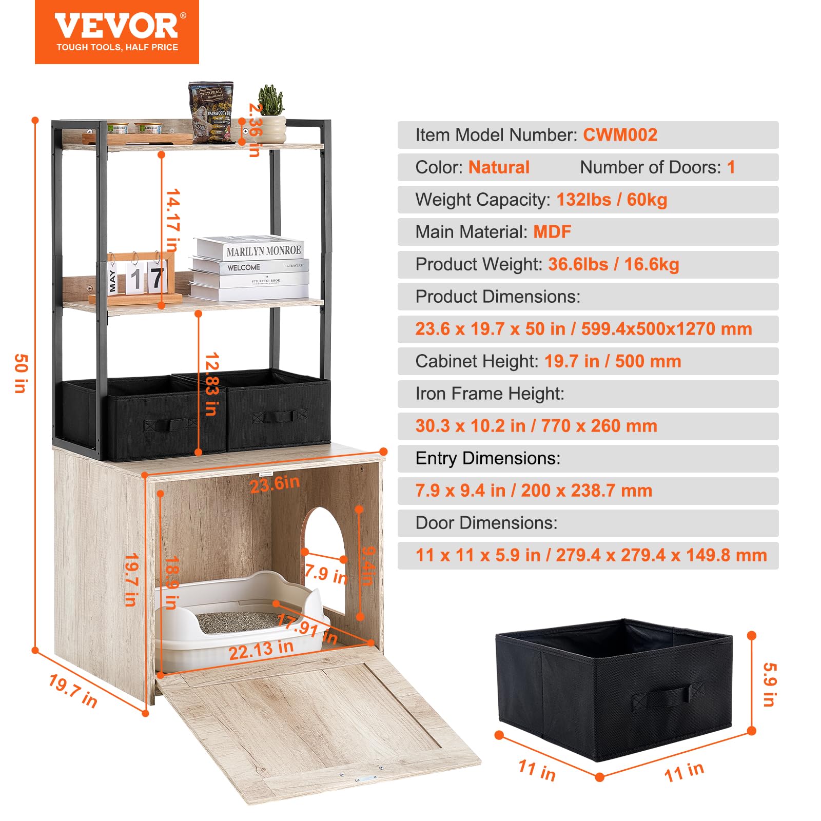 VEVOR Wooden Cat Litter Box Enclosure Furniture with 2 Storage Shelves & Baskets - Hidden Indoor Cat Washroom Cabinet for Large Litter Boxes, 23.6