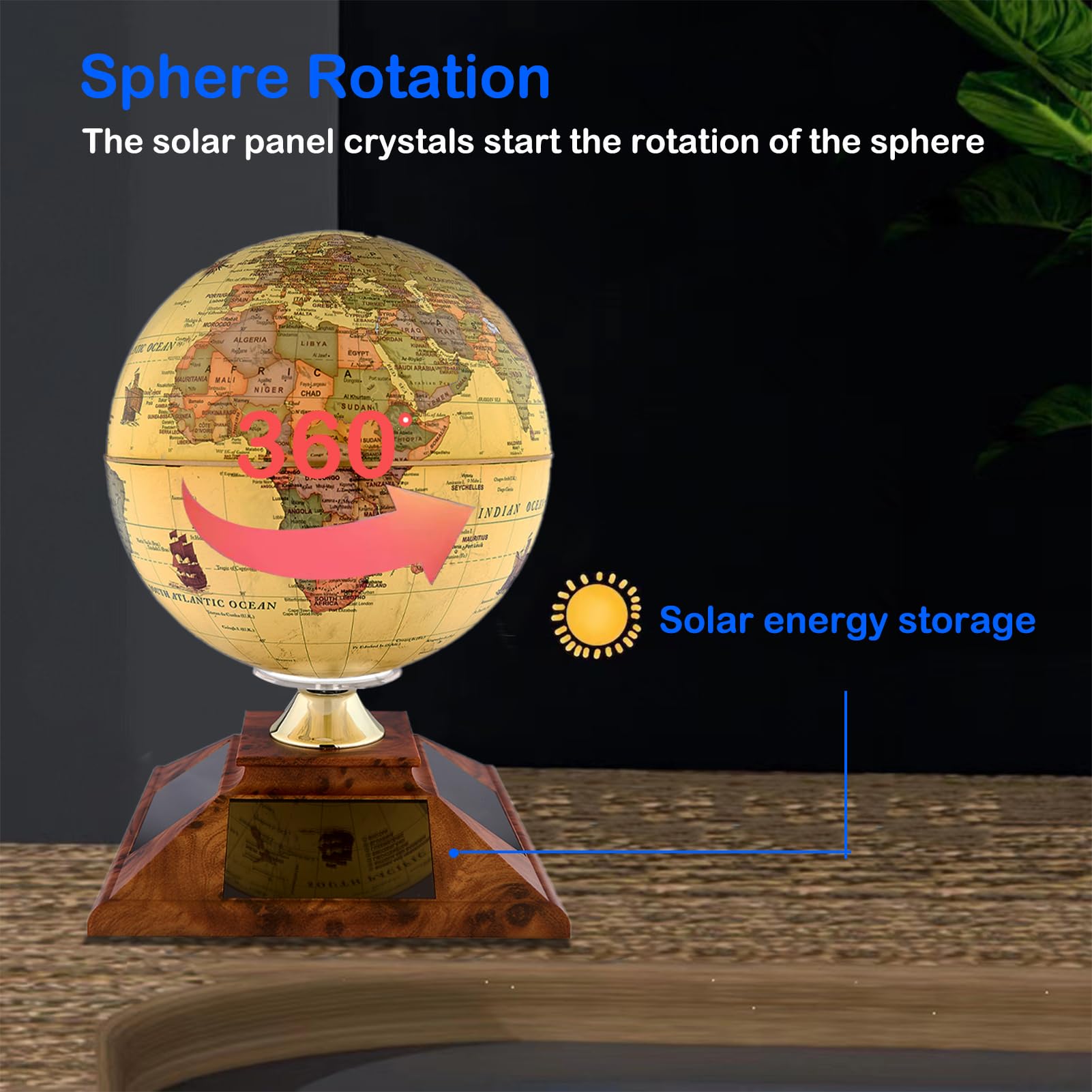 5.5 Inch Solar Powered Rotating World Globe - Educational Geographic Desktop Decor with Stand | No Batteries or Wires Needed | Perfect for Home Office, Classroom & Gift Giving (Beige)