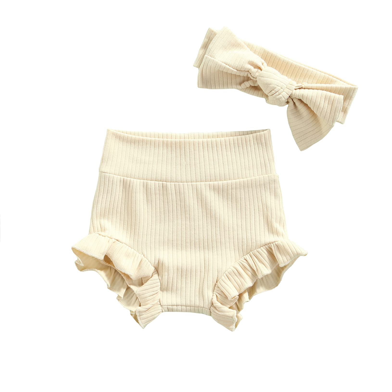 Baby Girls High Waist Elastic Ruffle Bloomers & Diaper Cover Set - Soft Cotton Solid Color Underwear with Matching Newborn Headbands | Perfect for Photoshoots, Everyday Wear & Special Occasions
