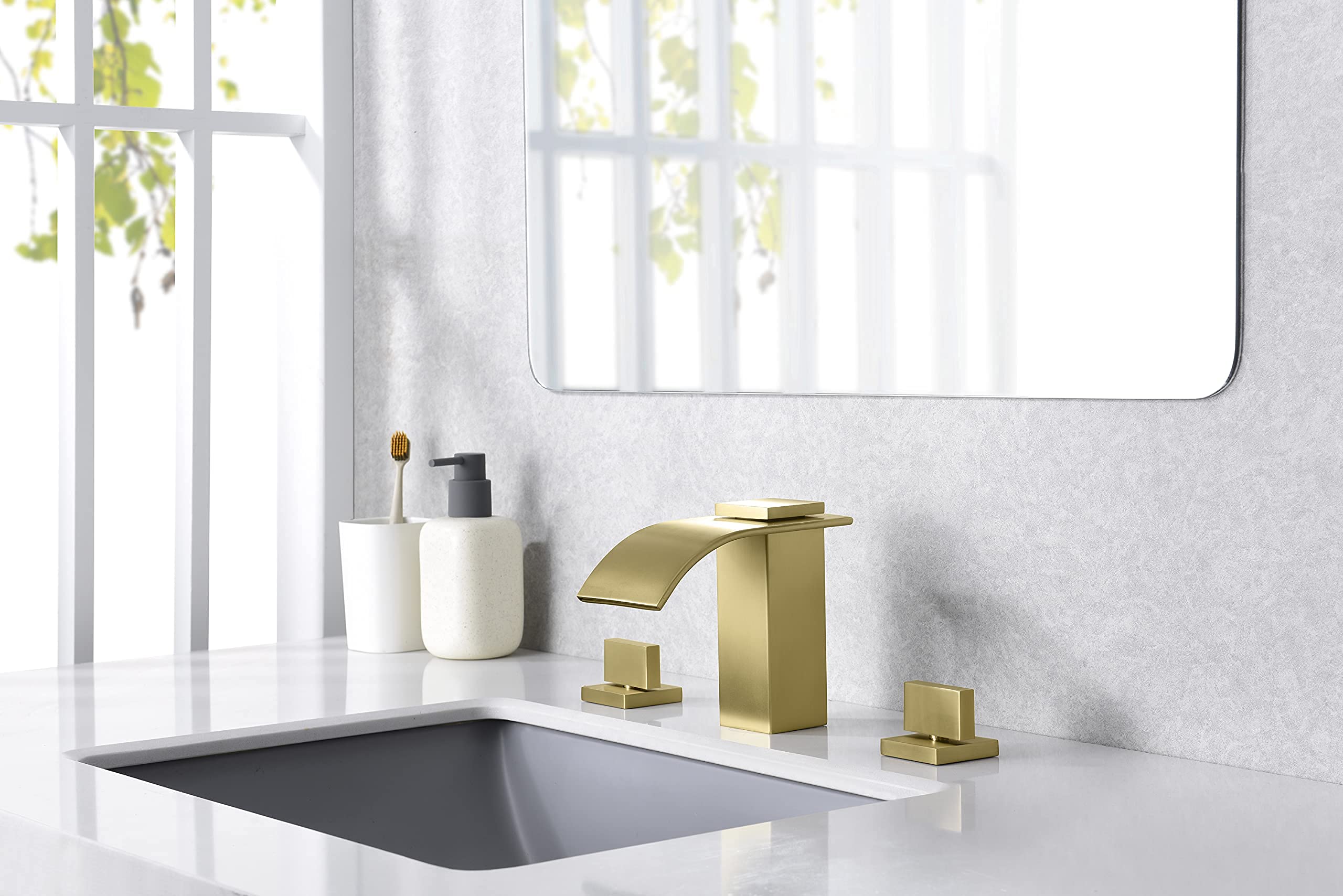 Brushed Gold Widespread Bathroom Faucet S1408BGW & Gold Shower Faucet S3221BGI Set - Luxury Bathroom Faucet Bundle for Modern Bathrooms, Powder Rooms & Spa Retreats