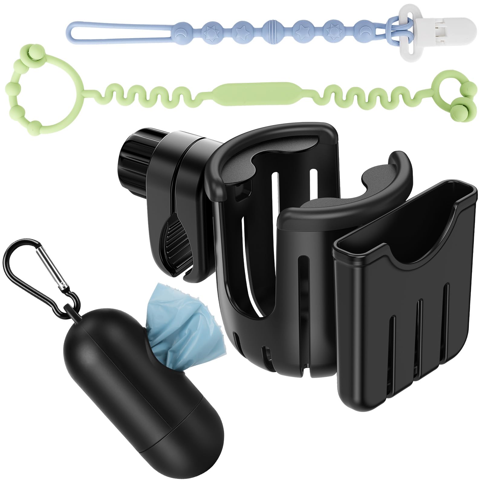 Guiseapue Stroller Cup Holder - Universal Stroller Accessories with Pacifier Clip & Diaper Bag Dispenser | Baby Travel Essentials for On-the-Go Parents | Perfect for Walks, Shopping & Road Trips