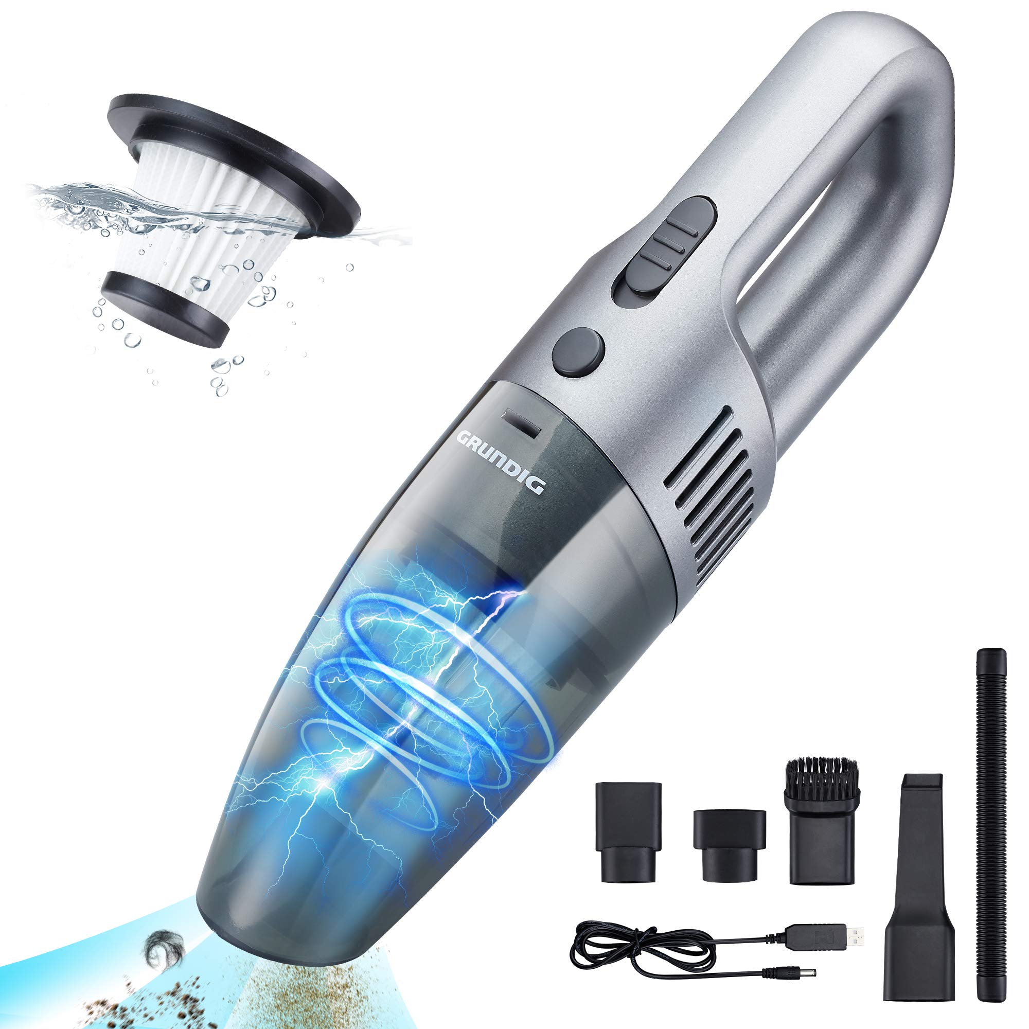 GRUNDIG Cordless Handheld Vacuum Cleaner - 5000PA Powerful Suction, Rechargeable Wet/Dry Portable Vacuum for Home, Car & Pet Hair - Lightweight Handheld Hoover for Quick Cleanups on Furniture, Stairs & Vehicles