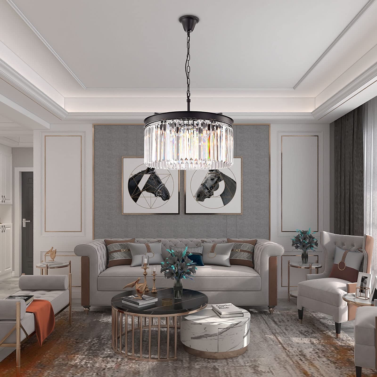 Modern Crystal Chandelier 5-Light Adjustable Hanging Pendant - 2-Tier Contemporary Ceiling Light Fixture with E12 Base for Dining Room, Living Room, Bedroom & Girls Room - Elegant Black Chandelier for Home Decor & Wedding Venue Lighting