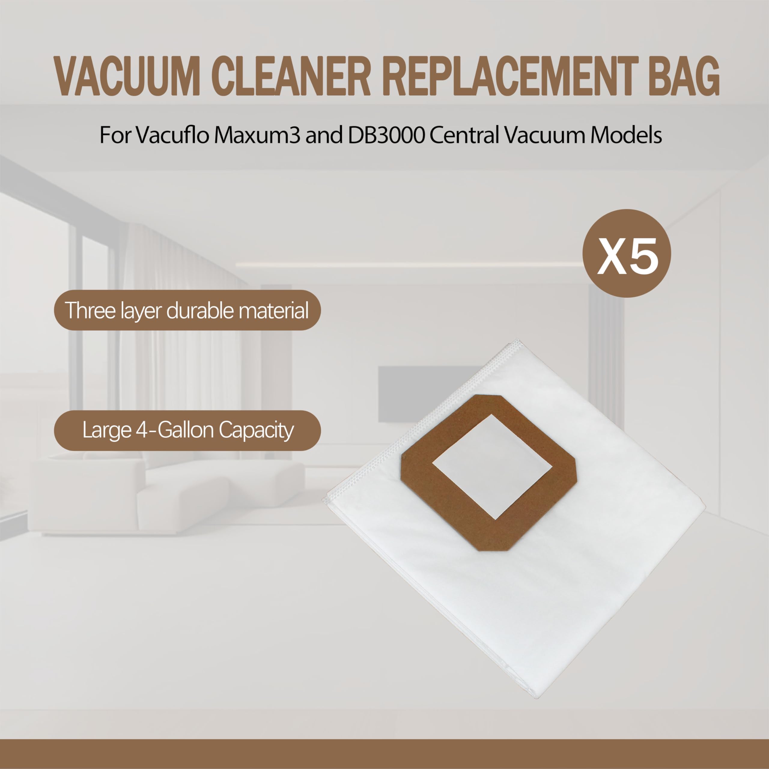 5 Pack 9637 Central Vacuum Filter Bags - Compatible with Vacuflo Maxum Vacuum Systems - Replacement for 3/DB3000 - Perfect for Home & Commercial Cleaning