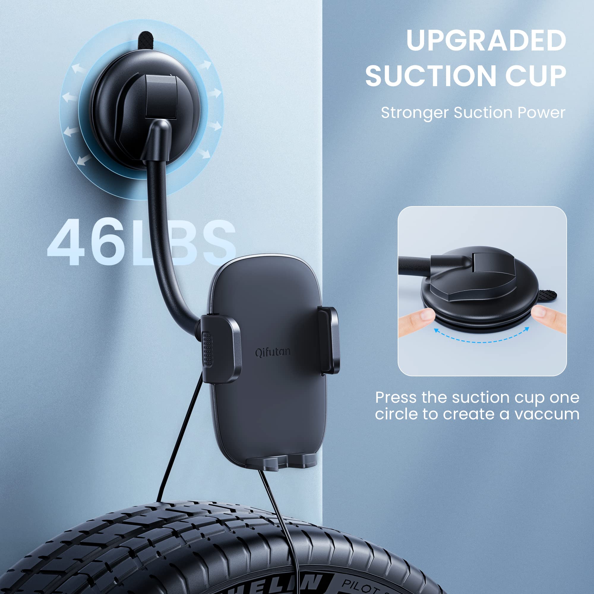 Qifutan Long Arm Car Phone Mount Holder - Anti-Shake Dashboard & Windshield Phone Stand for iPhone, Android Smartphones (Black) | Perfect for GPS Navigation, Hands-Free Calling & Road Trips