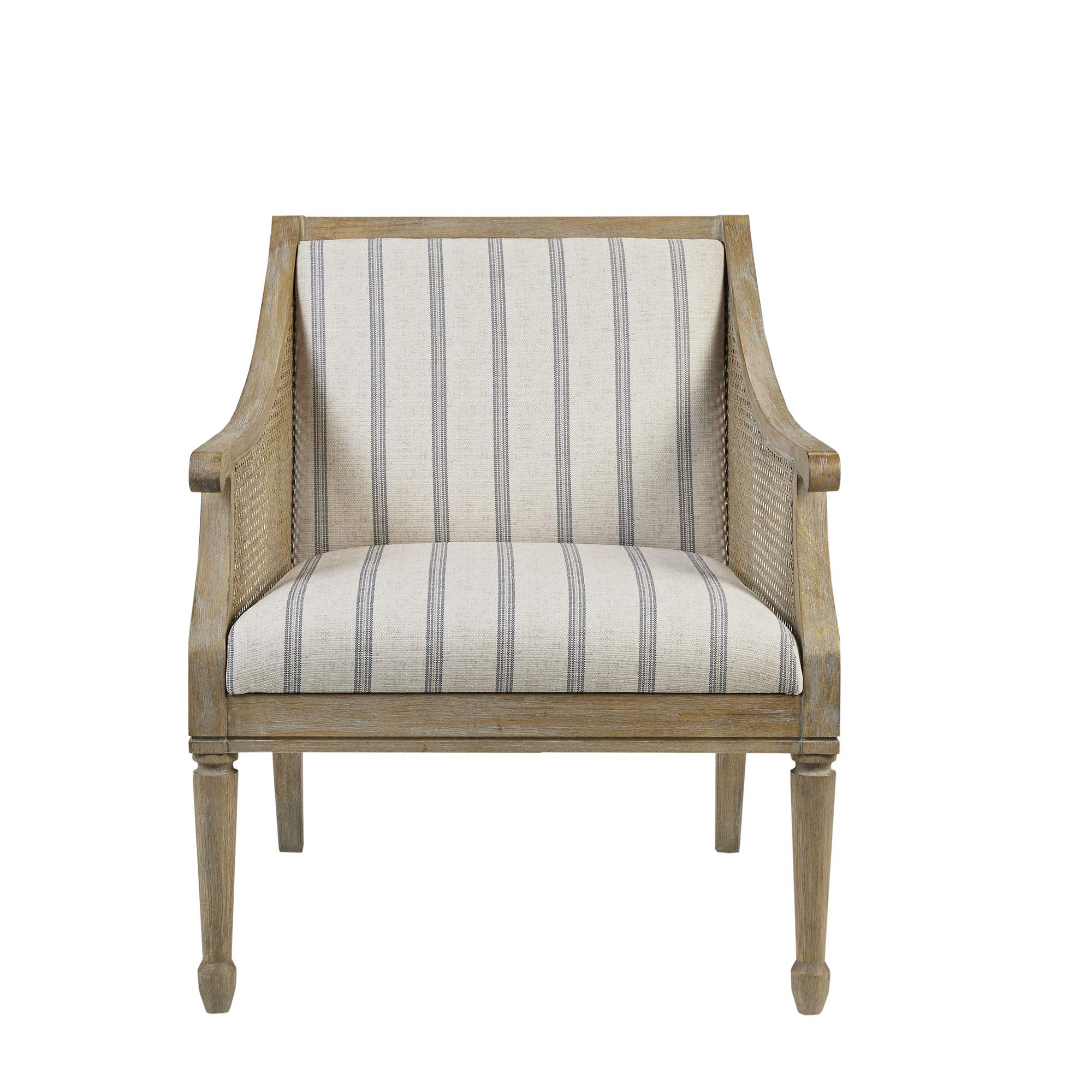 Solid Wood Frame Cane Webbed Accent Chair with Swoop Track Arms & Turned Legs - Farmhouse, Coastal, Cottage Style Deep Seating Lounge Chair for Living Room, Bedroom, or Sunroom - Reclaimed Wood Beige Finish