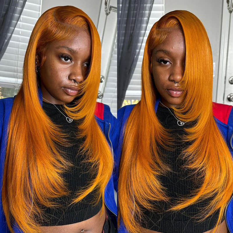 Eullair Green Skunk Stripe Layered Cut Straight Human Hair Wig with Golden Ginger Highlights - Pre Cut Lace Front for Natural Look | Perfect for Cosplay, Halloween, Daily Fashion & Special Occasions