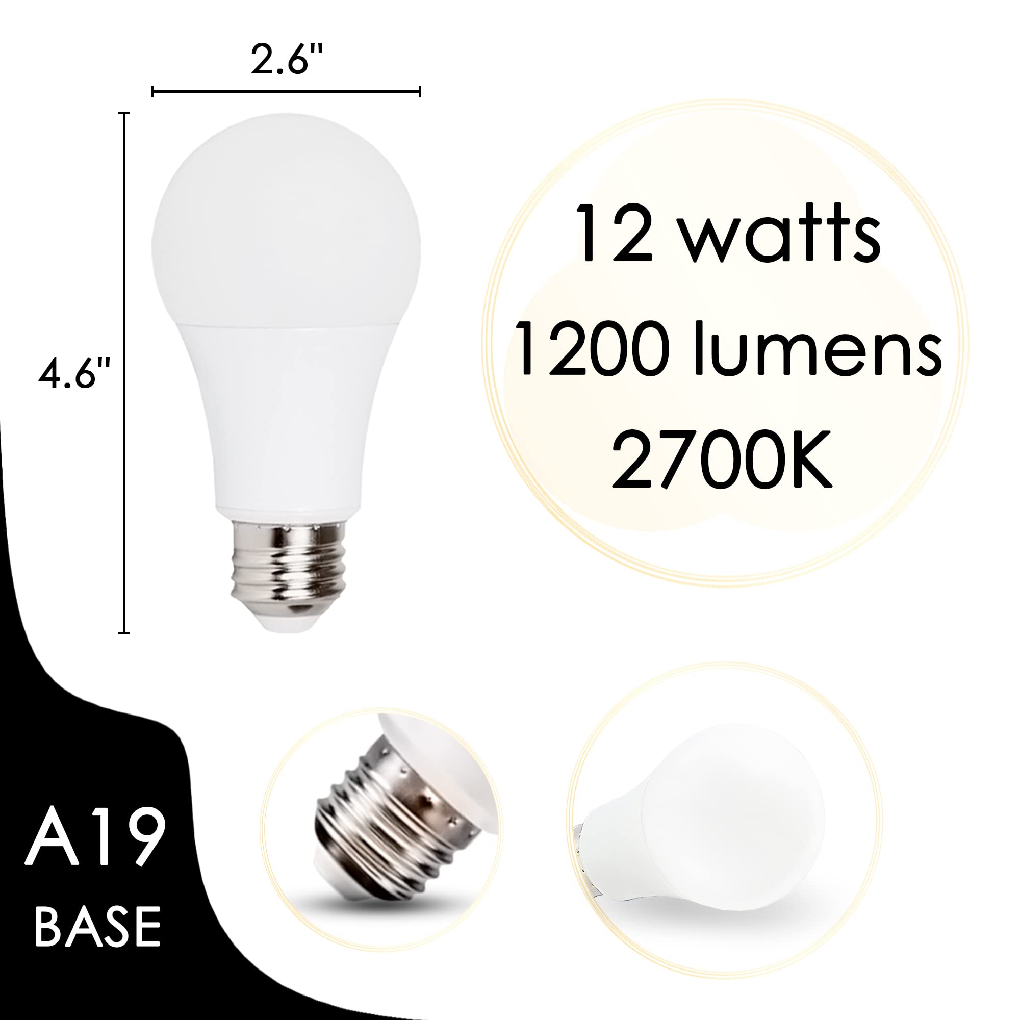 Chiphy Dimmable LED Light Bulbs - 1200 Lumens, 12W (120W Equivalent), 2700K Warm White, A19/E27 Base, 3-Level Brightness, No Dimmer Required - Perfect for Bedroom, Living Room & Office Lighting (2-Pack)