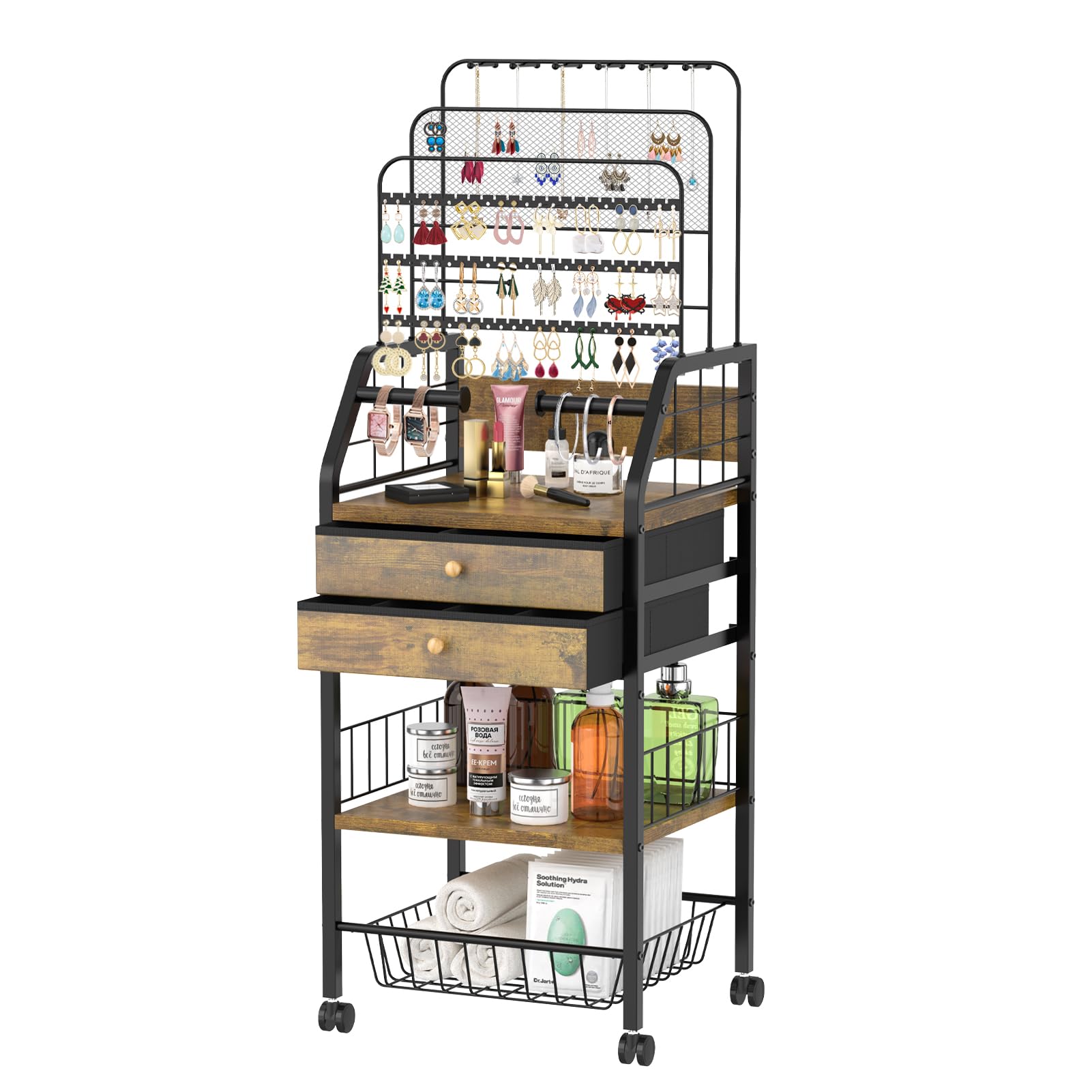iDavosic.ly Large Jewelry Holder Organizer - 2-Tier Metal Earring Stand with Storage Drawers & Baskets for Necklace, Bracelet, Ring Display (Black & Brown) | Perfect for Bedroom Vanity, Closet Organization & Gift Giving