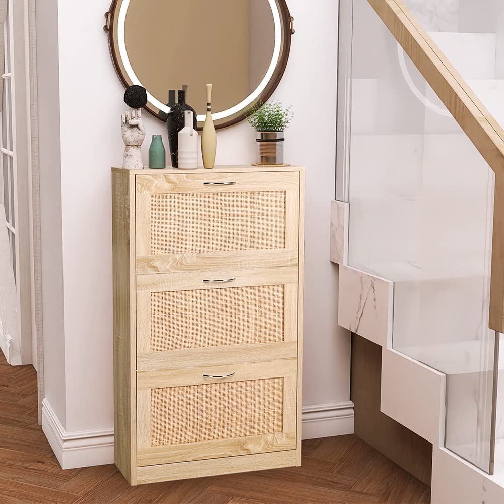 HOPUBUY 3-Tier Rattan Shoe Storage Cabinet - Narrow Entryway Shoe Organizer with Hidden Design for Home & Apartment - Natural Wood Slim Shoe Rack for Small Spaces - Perfect for Hallway, Closet or Bedroom Organization