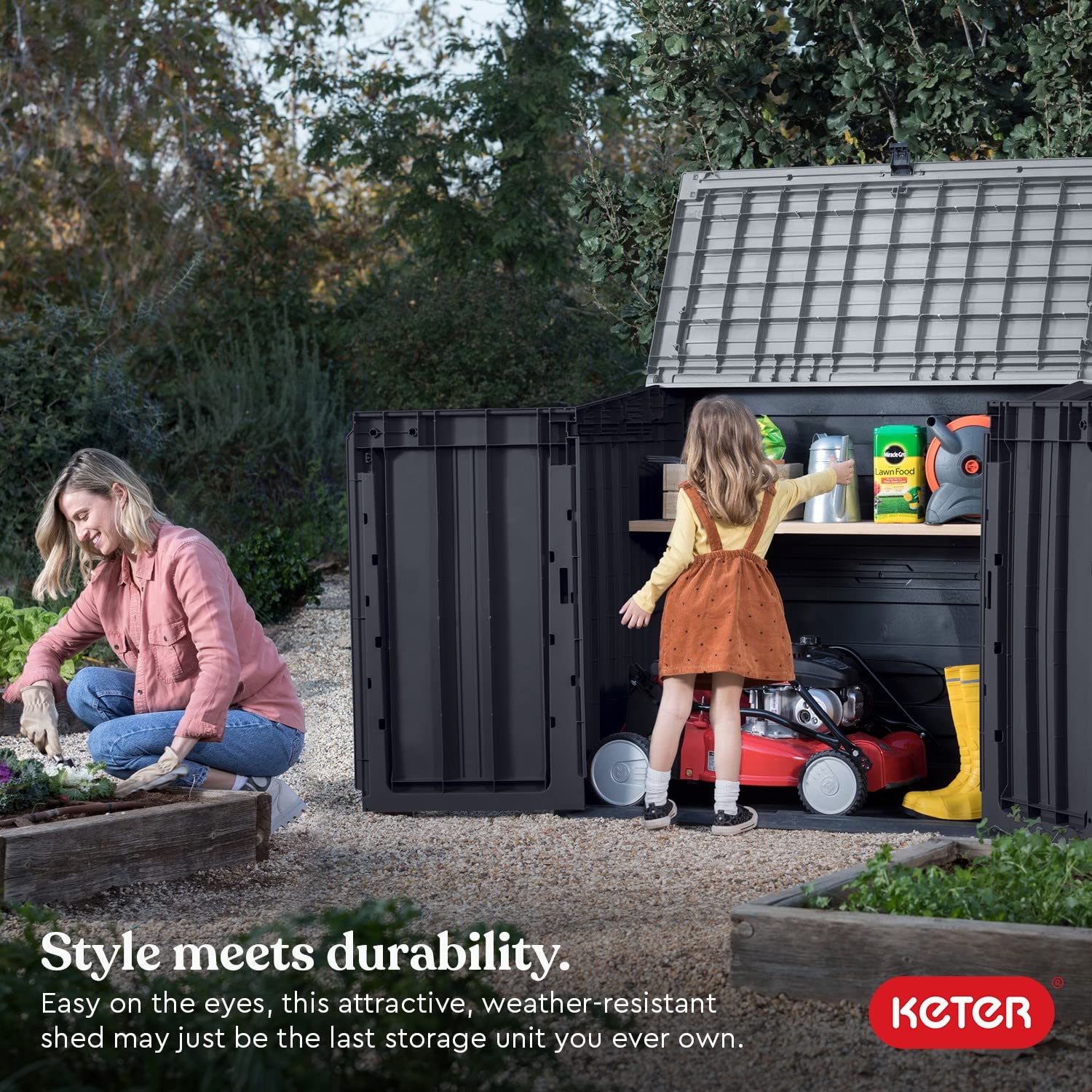 Keter Store-It-Out Prime 4.3 x 3.7 ft. Outdoor Resin Storage Shed with Easy Lift Hinges - Heavy Duty Weatherproof Deck Box for Yard Tools, Pool Floats & Garden Accessories - Perfect for Patio, Backyard & Garage Organization (Black)