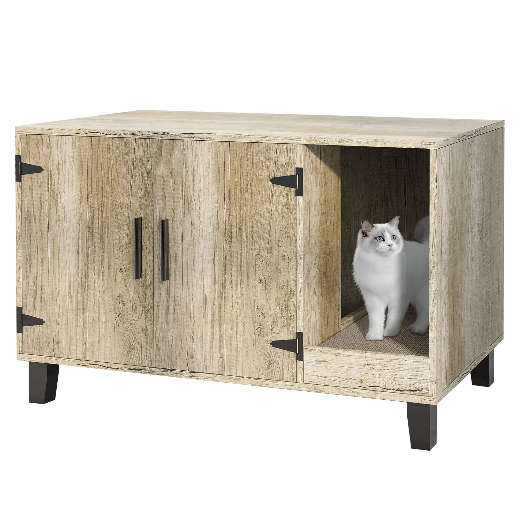 TaoHFE Wooden Cat Litter Box Enclosure Furniture - Hidden Litter Box Cabinet with Scratch Pad, Farmhouse Style, Oak Finish - Perfect for Home Decor & Pet Privacy