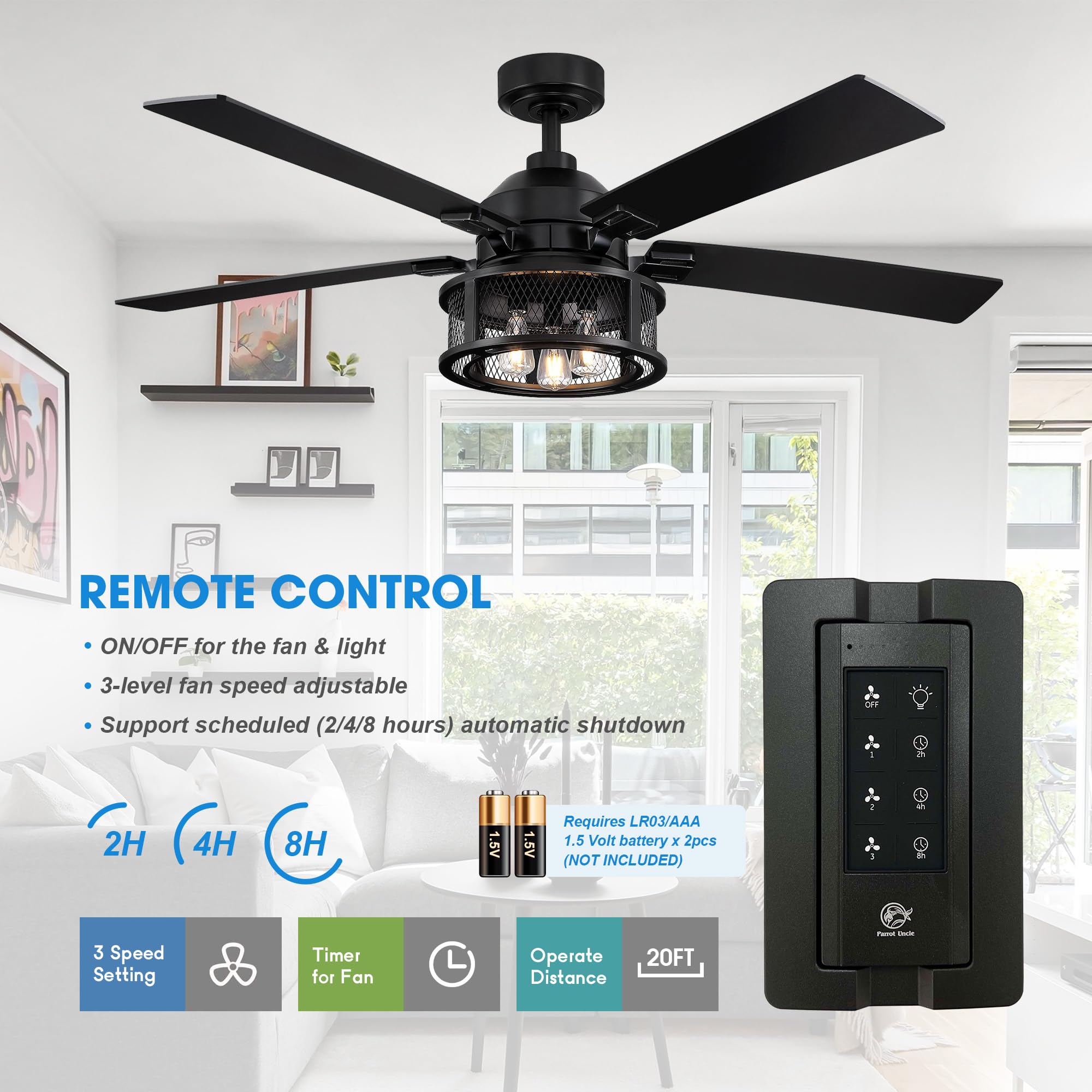 52 Inch Black Farmhouse Ceiling Fan with Remote Control, LED Light and Reversible Blades - Rustic Indoor/Outdoor Ceiling Fan for Bedroom, Living Room, Patio - Perfect for Home Cooling and Stylish Decor