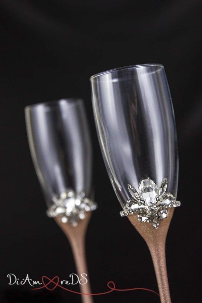 Rose Gold Wedding Set - Silver Crystal Champagne Flutes - Unity Candle Set - Cake Server & Knife (7-Piece Bridal Collection) for Wedding Ceremony, Reception & Anniversary Celebrations