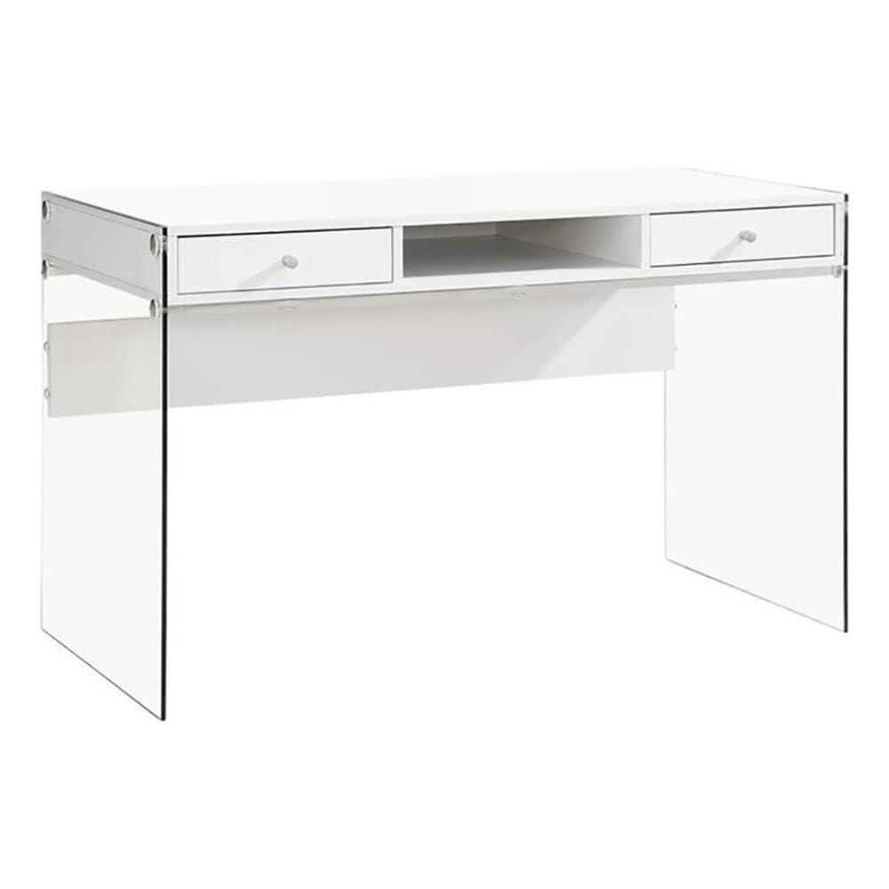 Allora Contemporary 2-Drawer Wood and Glass Writing Desk in Glossy White - Modern Home Office Desk for Small Spaces, Study & Work from Home