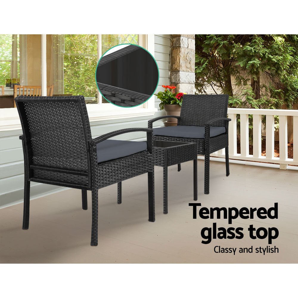 3-Piece Patio Furniture Bistro Set - Black Wicker Outdoor Lounge Chairs & Table for Garden, Balcony, or Backyard Relaxation
