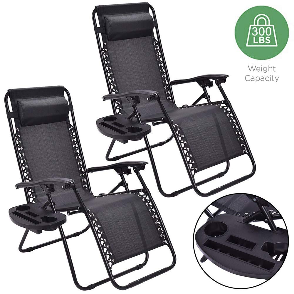 LSXIAO Adjustable Zero Gravity Recliner Chair - Foldable Patio Deck Chair with Cup Holder & Removable Headrest - Supports 300Lbs - Perfect for Backyard, Poolside, Beach & Outdoor Relaxation (Set of 2)