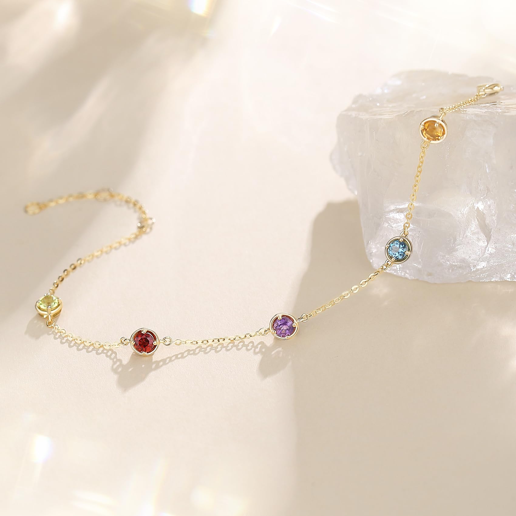 14K Solid Gold Minimalist Charm Bracelet with Natural Gemstones - Amethyst, Peridot, Blue Topaz, Citrine & Garnet | Dainty Jewelry Gift for Women & Girls | Perfect for Everyday Wear, Special Occasions & Gifting