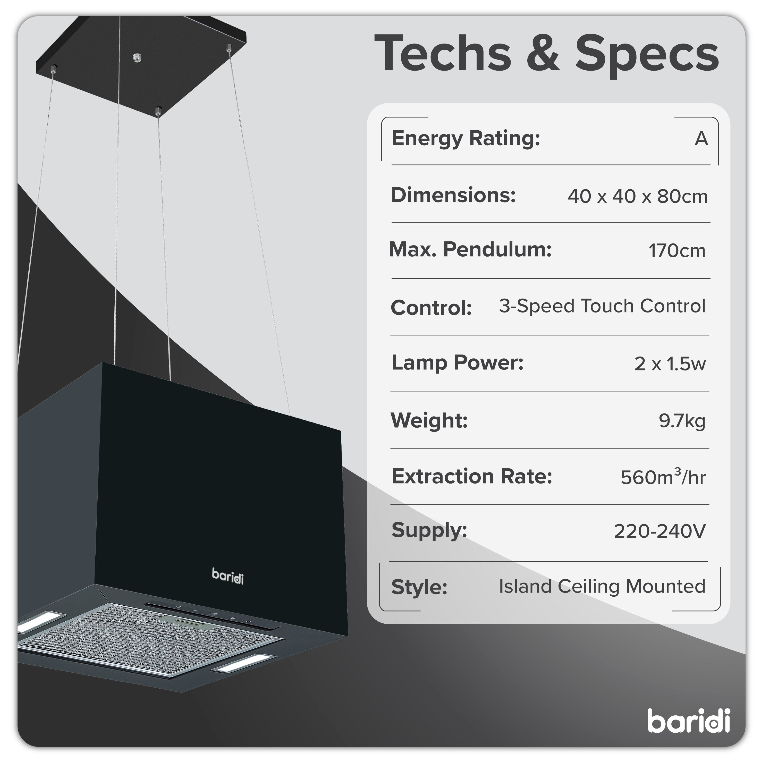 Baridi Island Cooker Hood - 40cm Square Stainless Steel Range Hood with 3 Speed Settings, Black (DH109) - Perfect for Modern Kitchens and Open-Plan Living Spaces