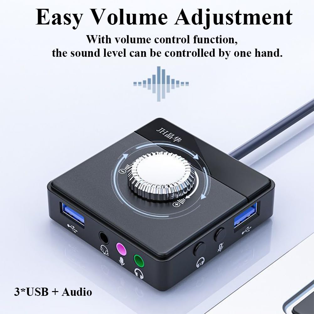 PEIYUI Max External USB Sound Card - 6-in-1 Audio Adapter for PC, Windows, Mac, Linux | 3.5mm & USB Interface with Volume Control | Plug & Play for Laptops, Desktops | Perfect for Gaming, Streaming & Conference Calls (Black)