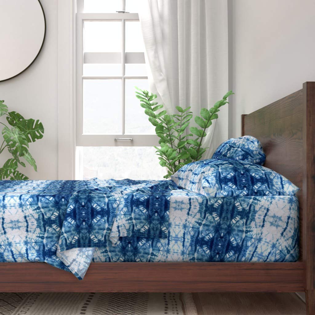 100% Cotton Twin Sheet Set 3pc - Boho Indigo Shibori Vintage Blue Tie Dye Bohemian Print Bedding | Soft Breathable Sheets for Bedroom, Guest Room & Dorm | Machine Washable