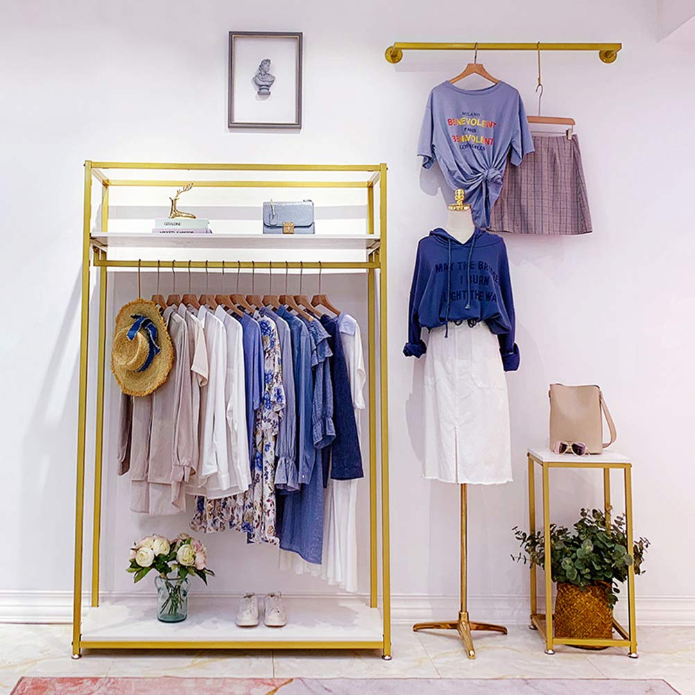 Heavy Duty Metal Clothes Display Rack with Wooden Shelves - Free Standing Garment Rack for Closet Organization (47.2 Inch, Gold) - Perfect for Retail Stores, Boutiques & Home Closet Storage