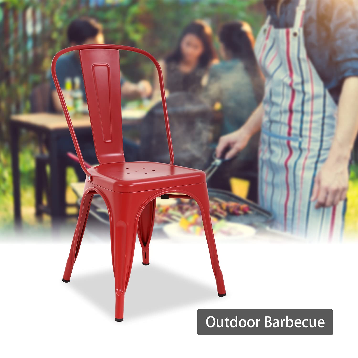 4 Pack Metal Dining Chairs - Indoor/Outdoor Stackable Kitchen & Patio Chairs with Back Support, 330 lbs Weight Capacity (Red) - Perfect for Restaurants, Cafes, Backyards and Home Dining Rooms