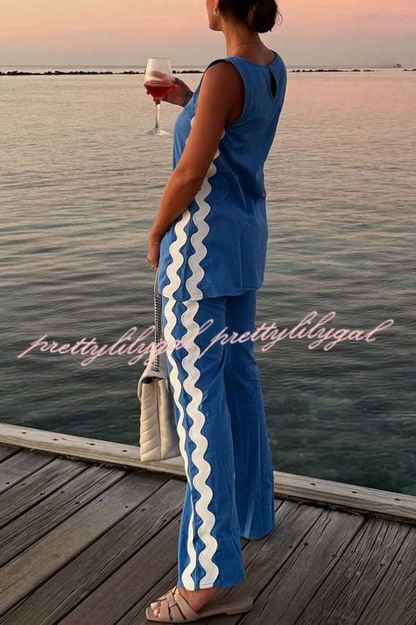 Tash Linen Blend Ric Rac Wave Trim Tank Top & Elastic Waist Pocket Flare Pants Set | Women's Casual Summer Outfit for Beach, Vacation & Boho Style
